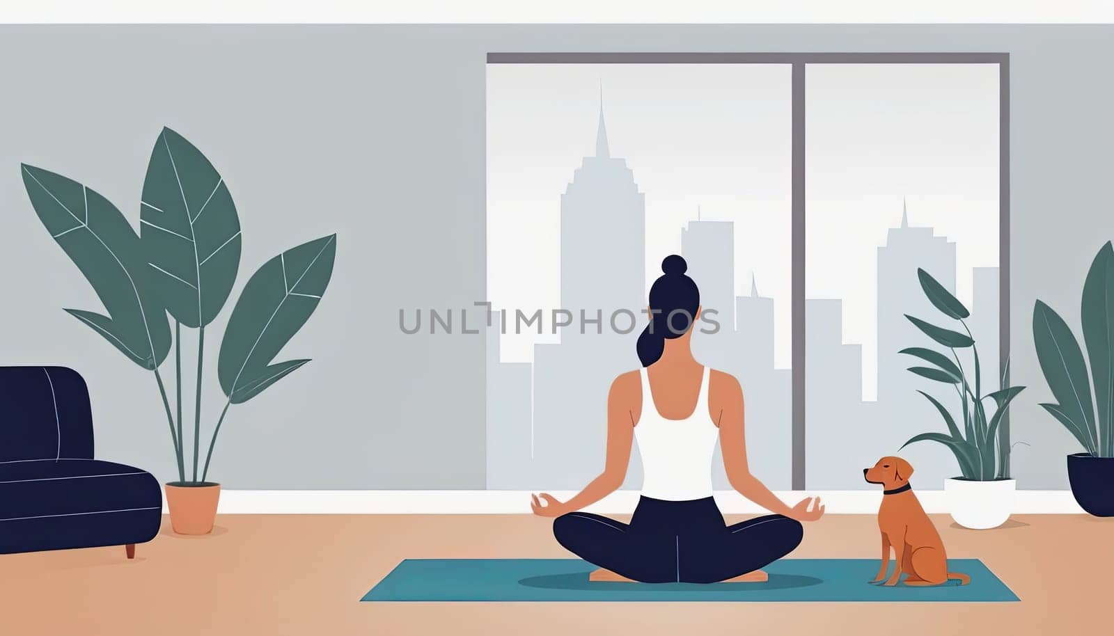 Woman practices yoga, dog nearby, home setting. Cartoon style, lifestyle depiction, interior scene. Meditation and sport emphasized