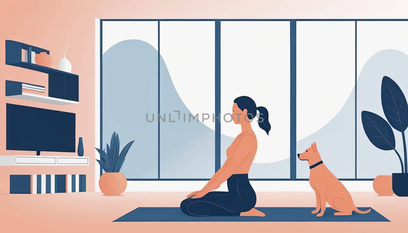 Woman practices yoga, dog nearby, home setting. Cartoon style, lifestyle depiction, interior scene. Meditation and sport emphasized. by Matiunina