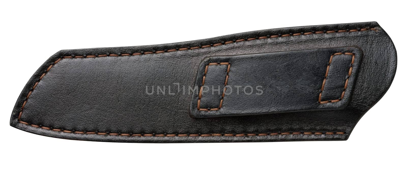 Black leather sheath for a knife on a white isolated background, close up