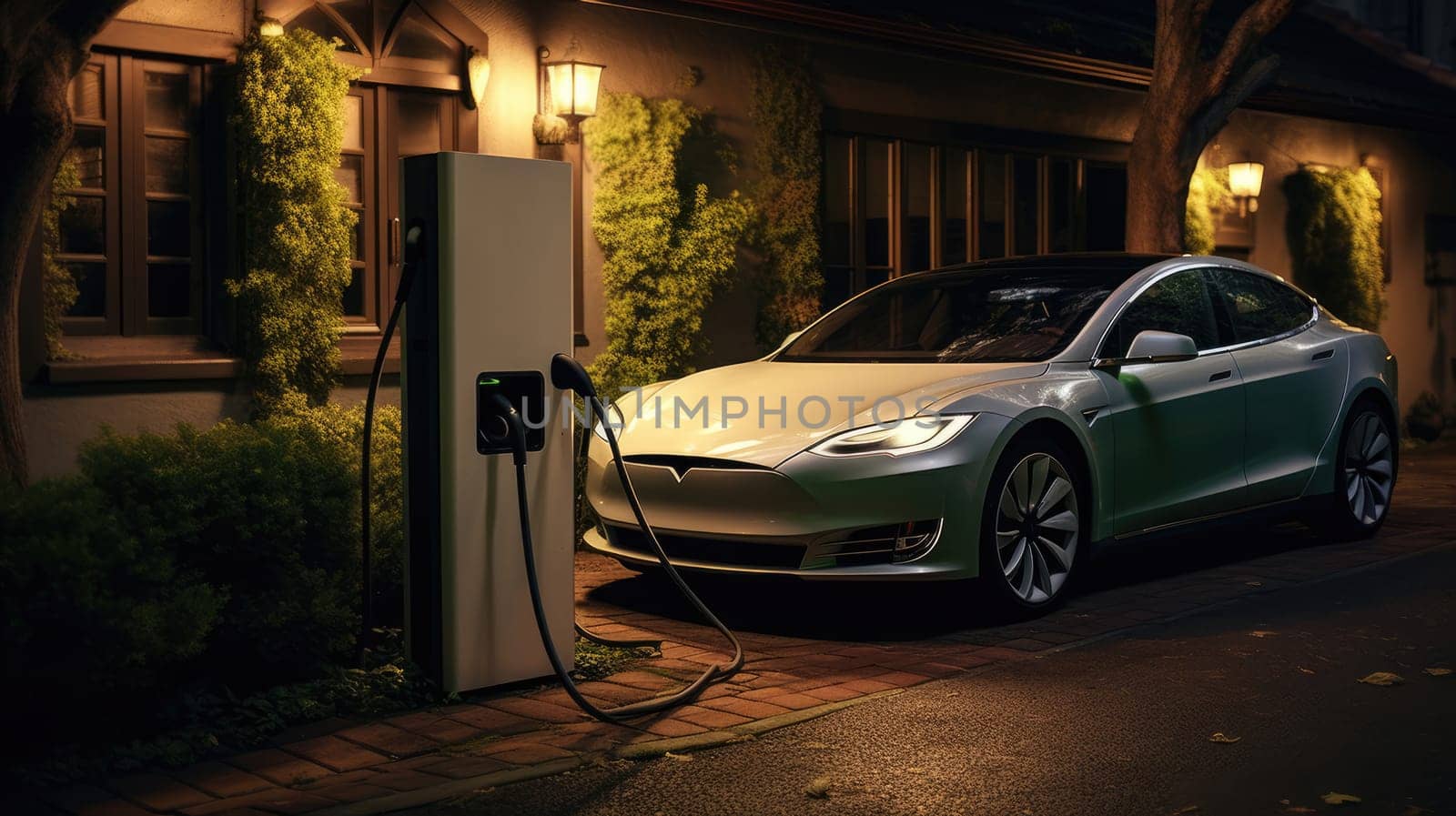 Electric car and charging station. Charging technology industry transport which are the futuristic of the Automobile. AI