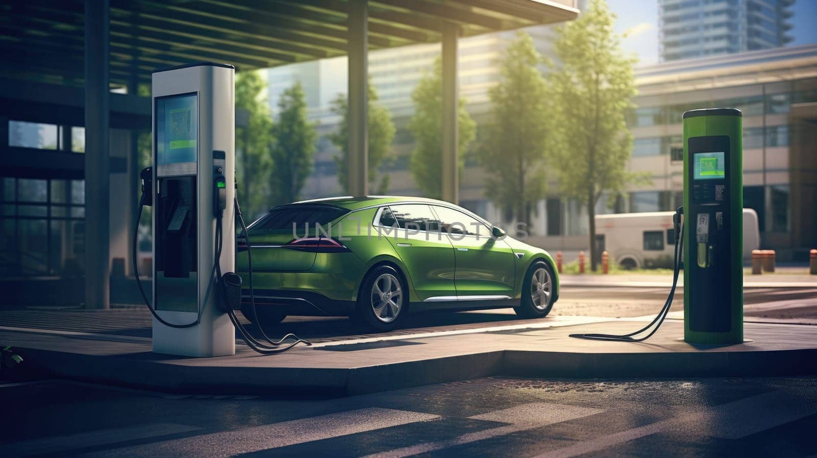 Electric car and charging station. Charging technology industry transport which are the futuristic of the Automobile. AI