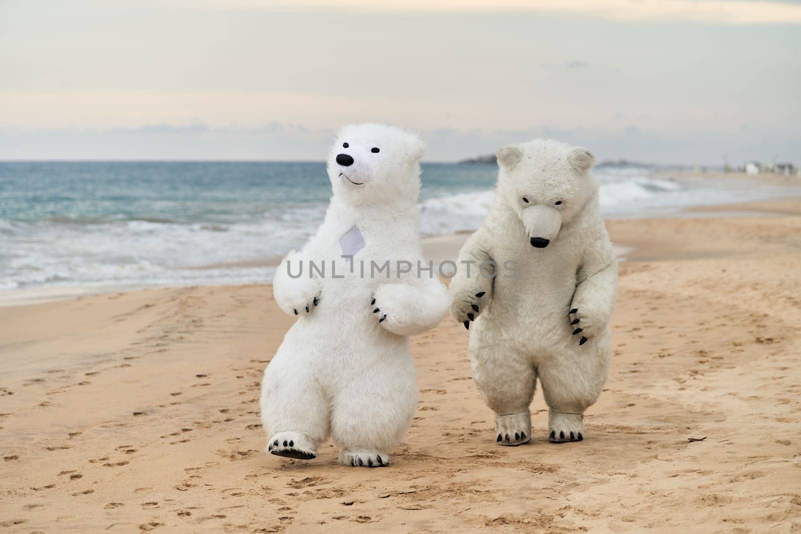 Animators dressed as polar bears entertain people on the beach. High quality photo