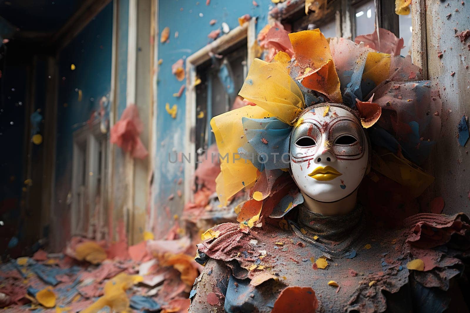 A woman in a carnival mask and a costume stained with paint.