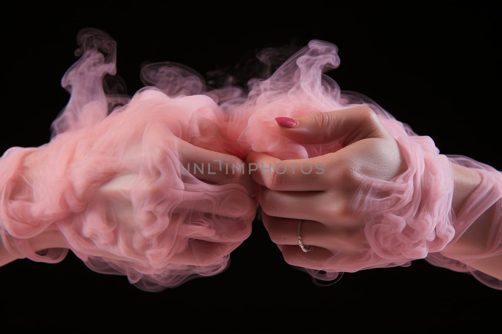 Two female hands connect in puffs of pink smoke on a black background.