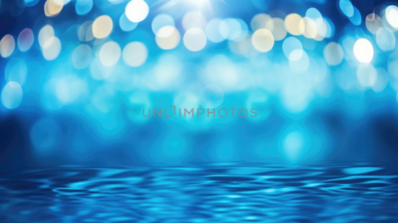 Blur light of bar or pub reflection on blue water swimming pool, summer party at night banner AI