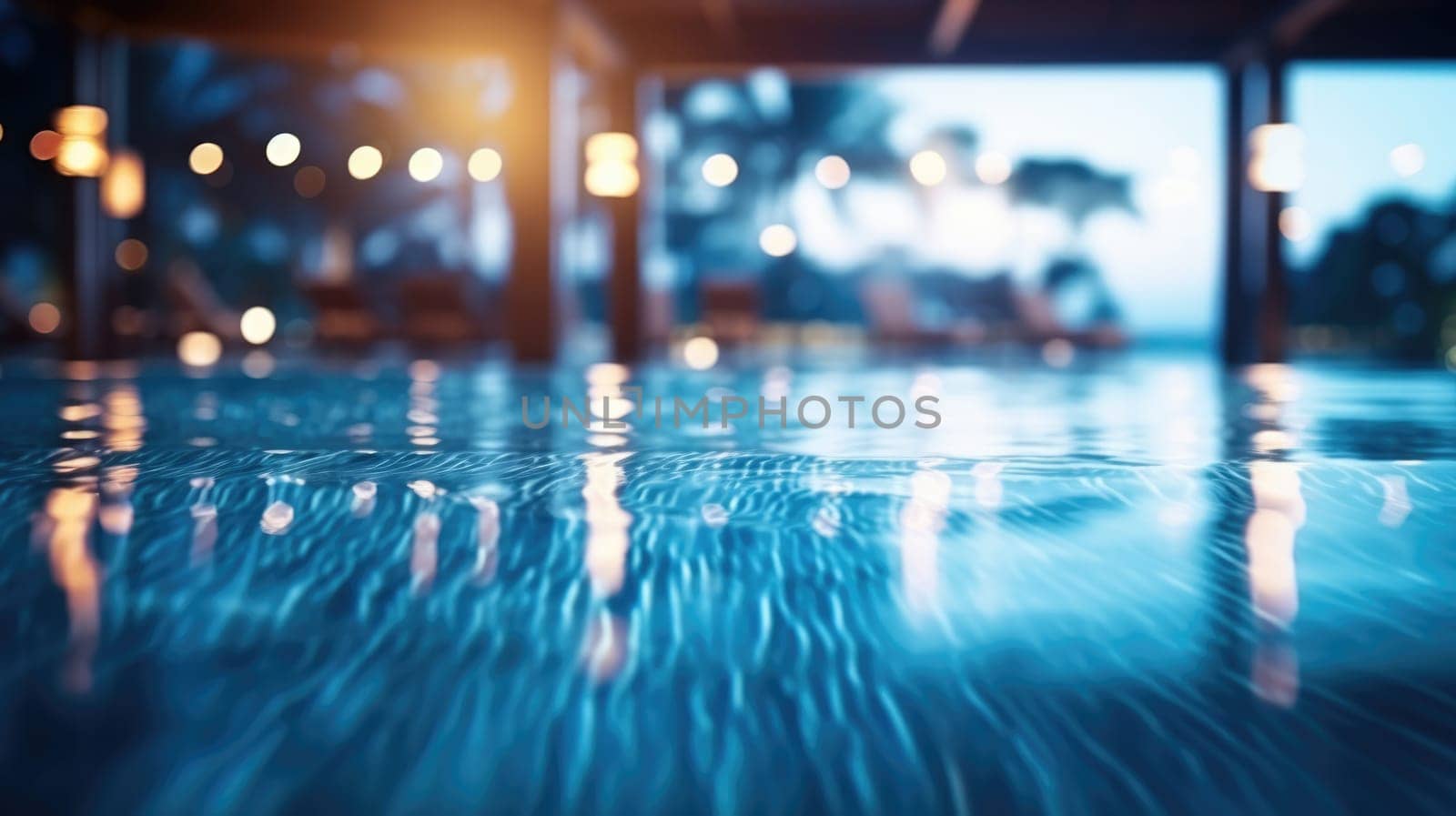 Blur light of bar or pub reflection on blue water swimming pool, summer party at resort night banner AI