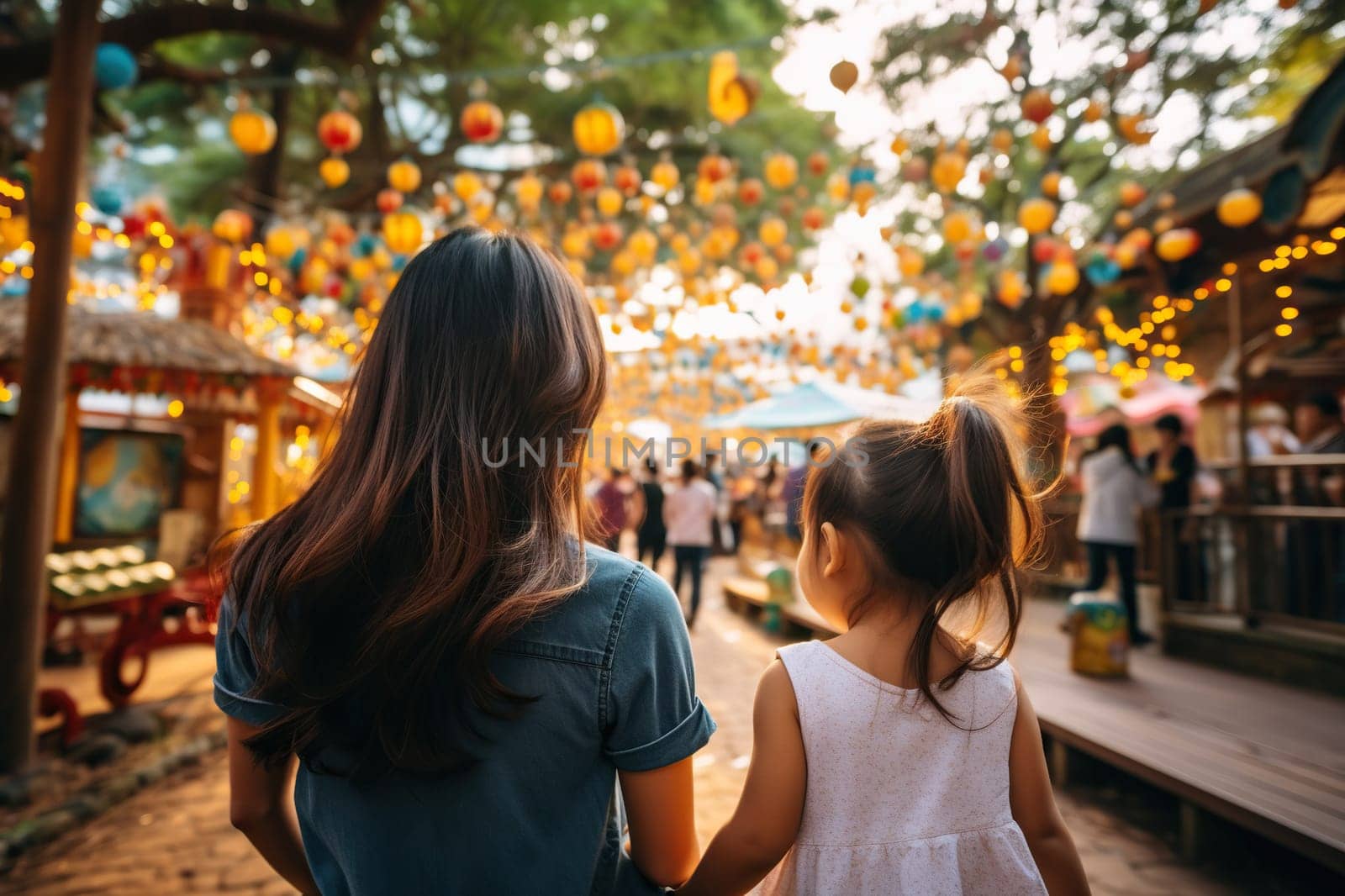Mom and daughter in an amusement park in summer. Generated by artificial intelligence by Vovmar