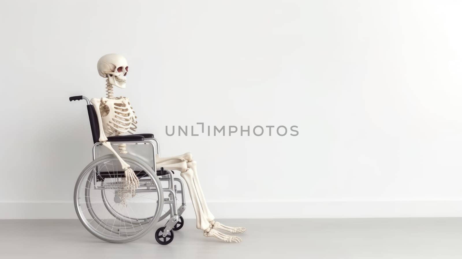 Human skeleton in medical wheelchair for invalid patient on white empty background. Hospital health care support by JuliaDorian