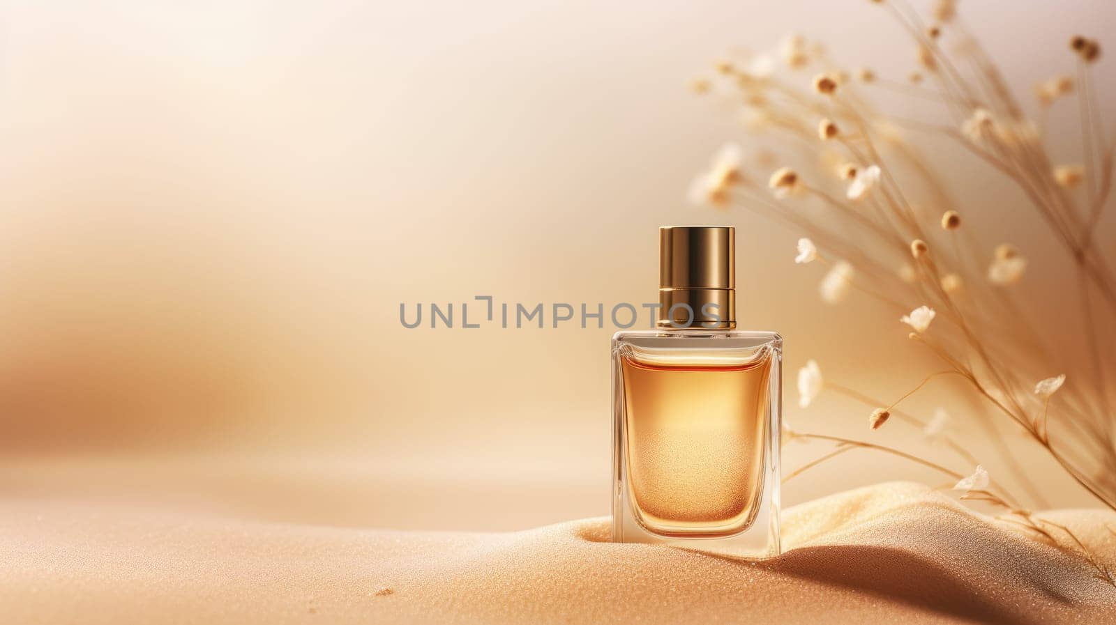 Transparent brown glass perfume bottle mockup with sandy background. Eau de toilette. Mockup, spring flat lay. by JuliaDorian