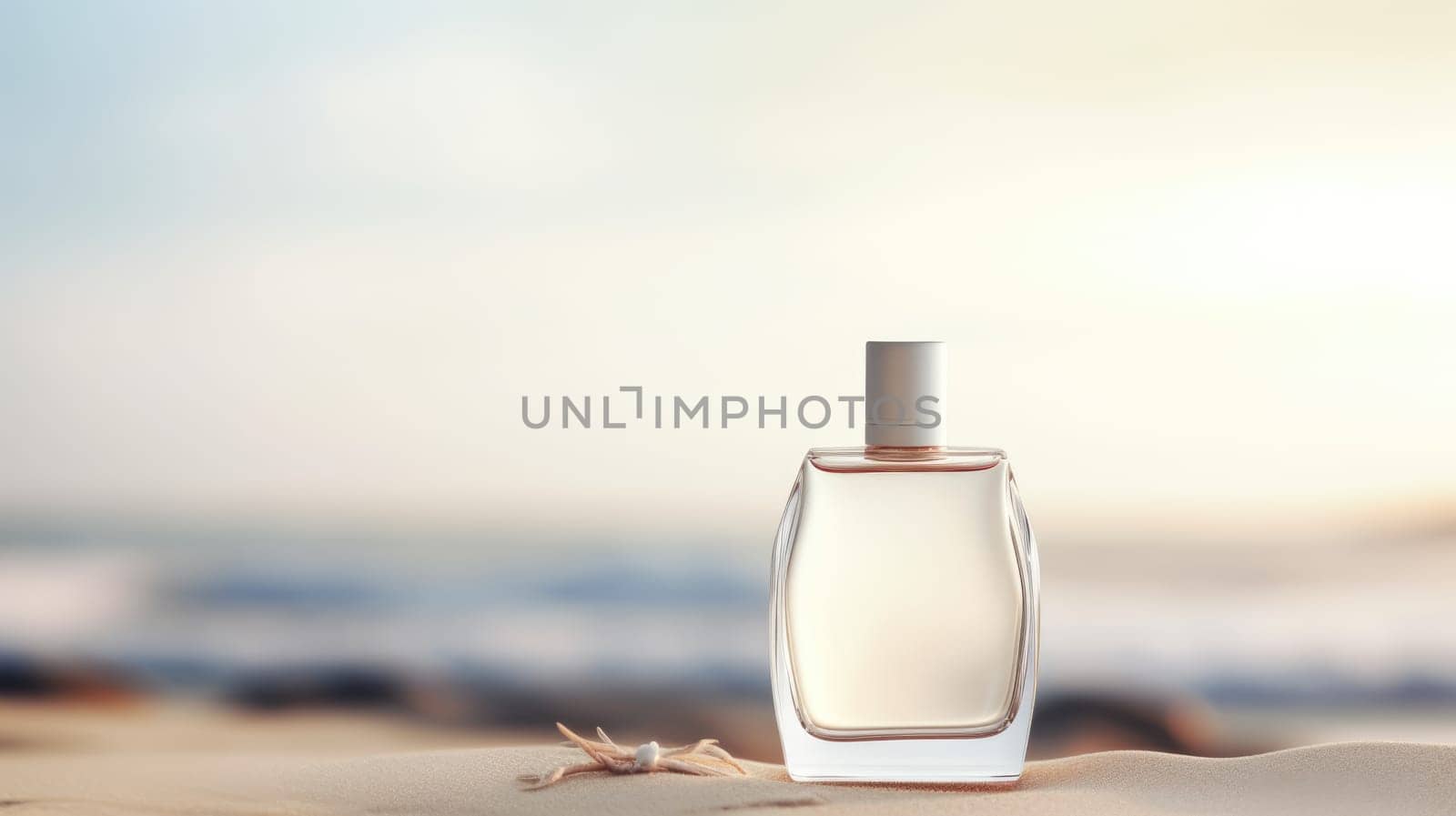 Transparent white glass perfume bottle mockup with sandy beach and ocean waves on background. Eau de toilette. Mockup, spring flat lay. by JuliaDorian