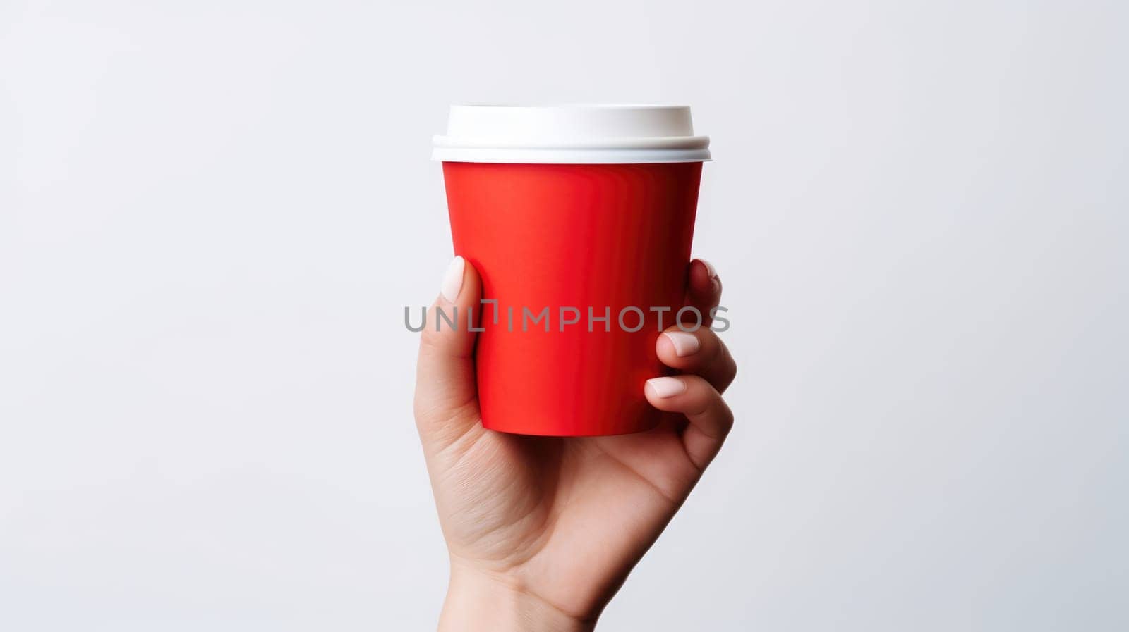 Hand holding red disposable take out coffee cup on white background. Mockup, space for text. by JuliaDorian