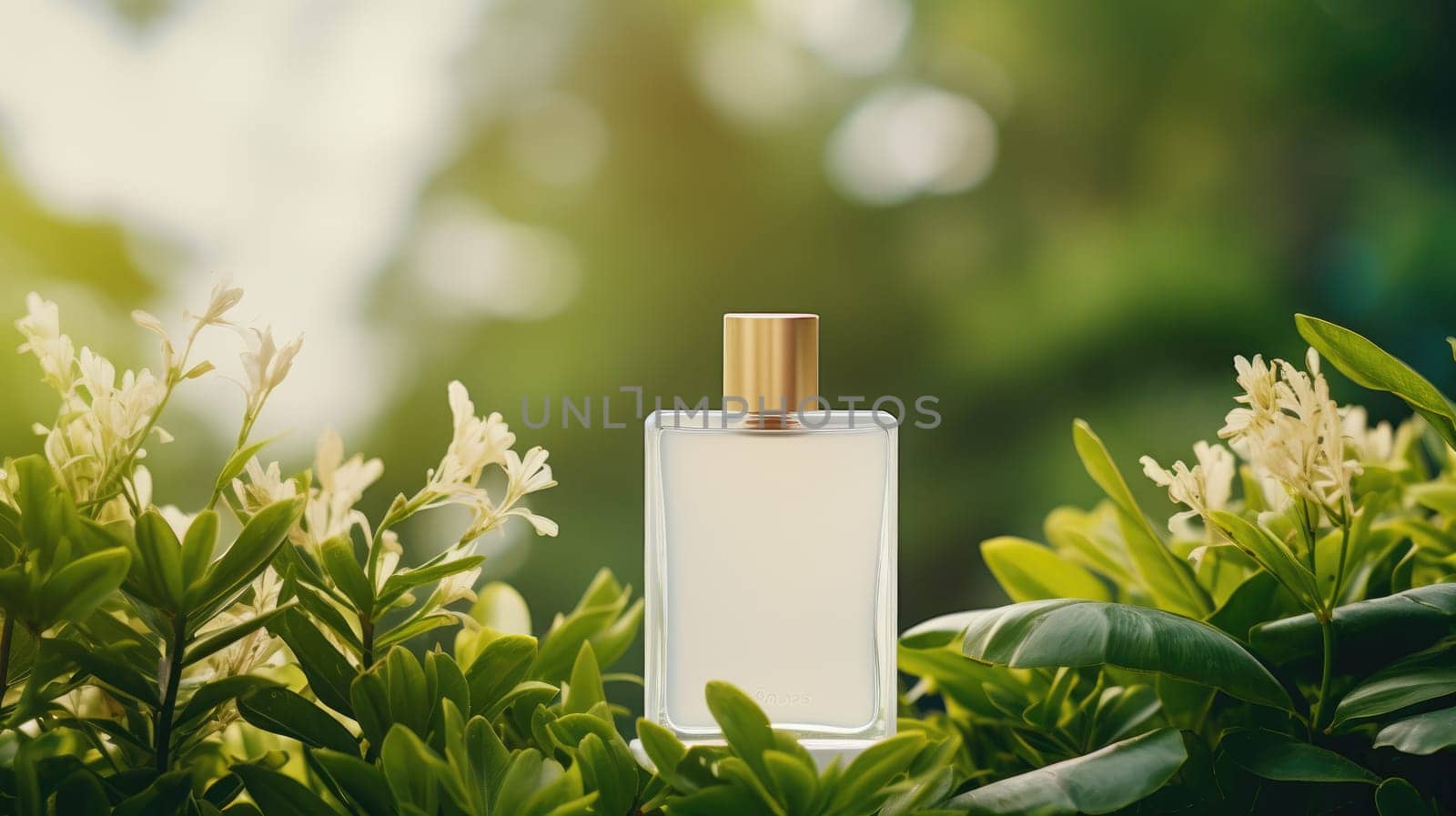 Transparent white glass perfume bottle mockup with plants on background. Eau de toilette. Mockup, spring flat lay