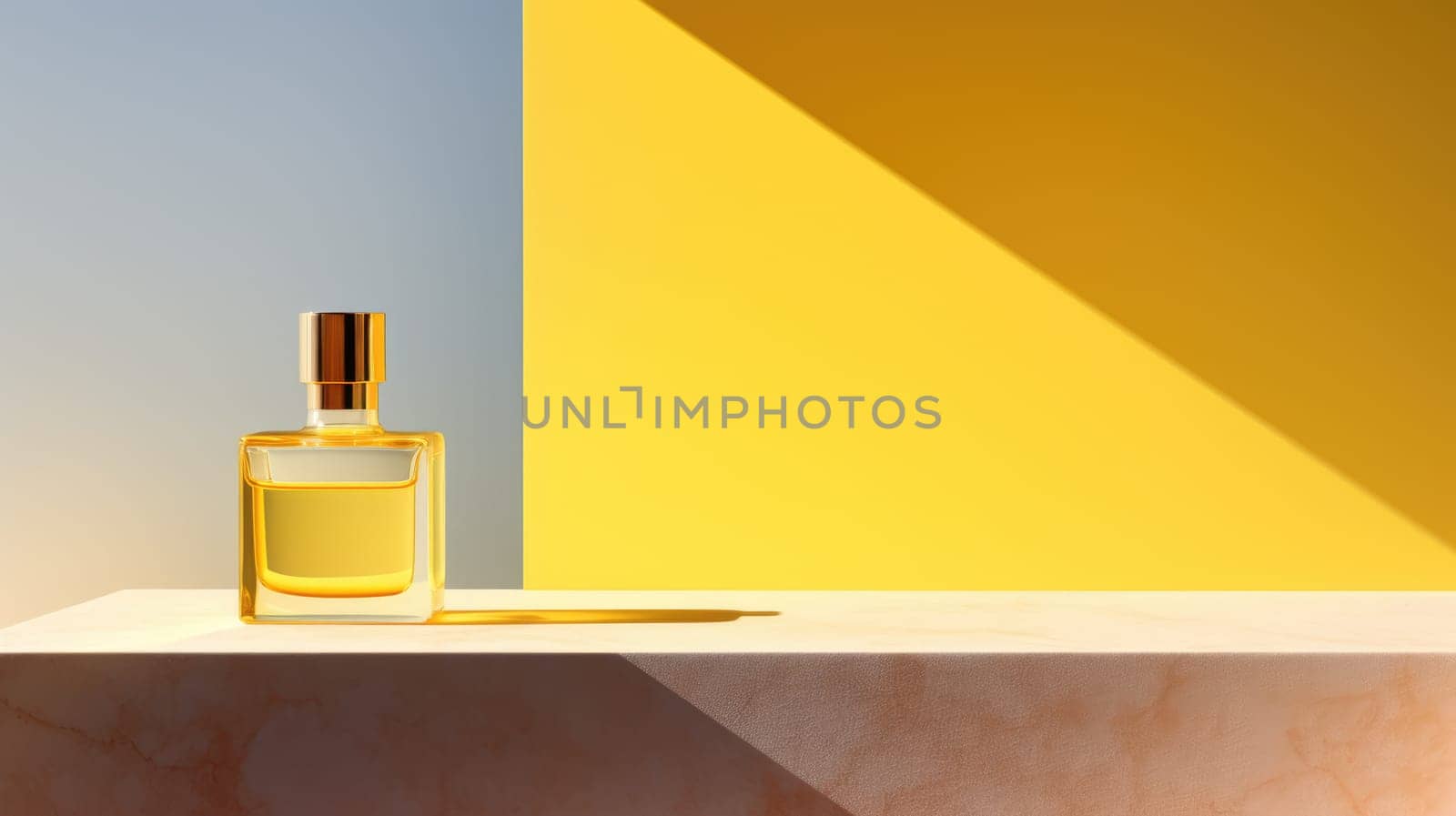 Transparent yellow glass perfume bottle mockup on pedestal with minimalist background. Eau de toilette. Mockup, spring flat lay