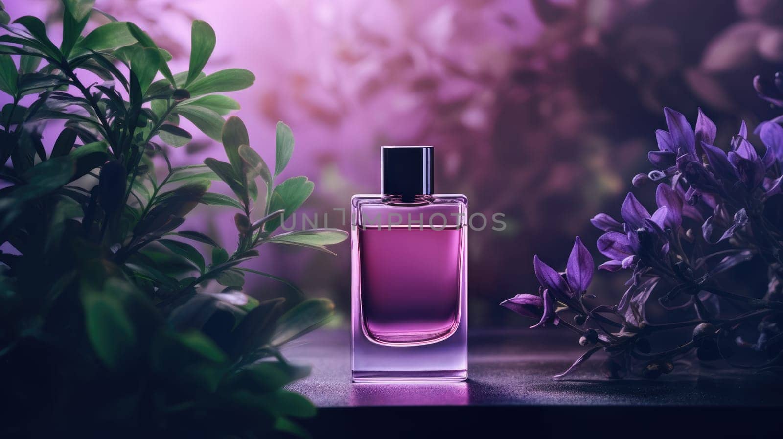 Transparent purple glass perfume bottle mockup with plants on background. Eau de toilette. Mockup, spring flat lay