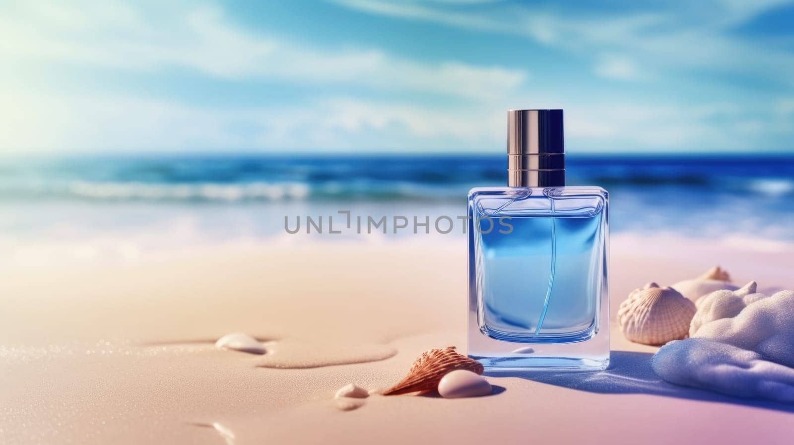 Transparent blue glass perfume bottle mockup with sandy beach and ocean waves on background. Eau de toilette. Mockup, spring flat lay. by JuliaDorian