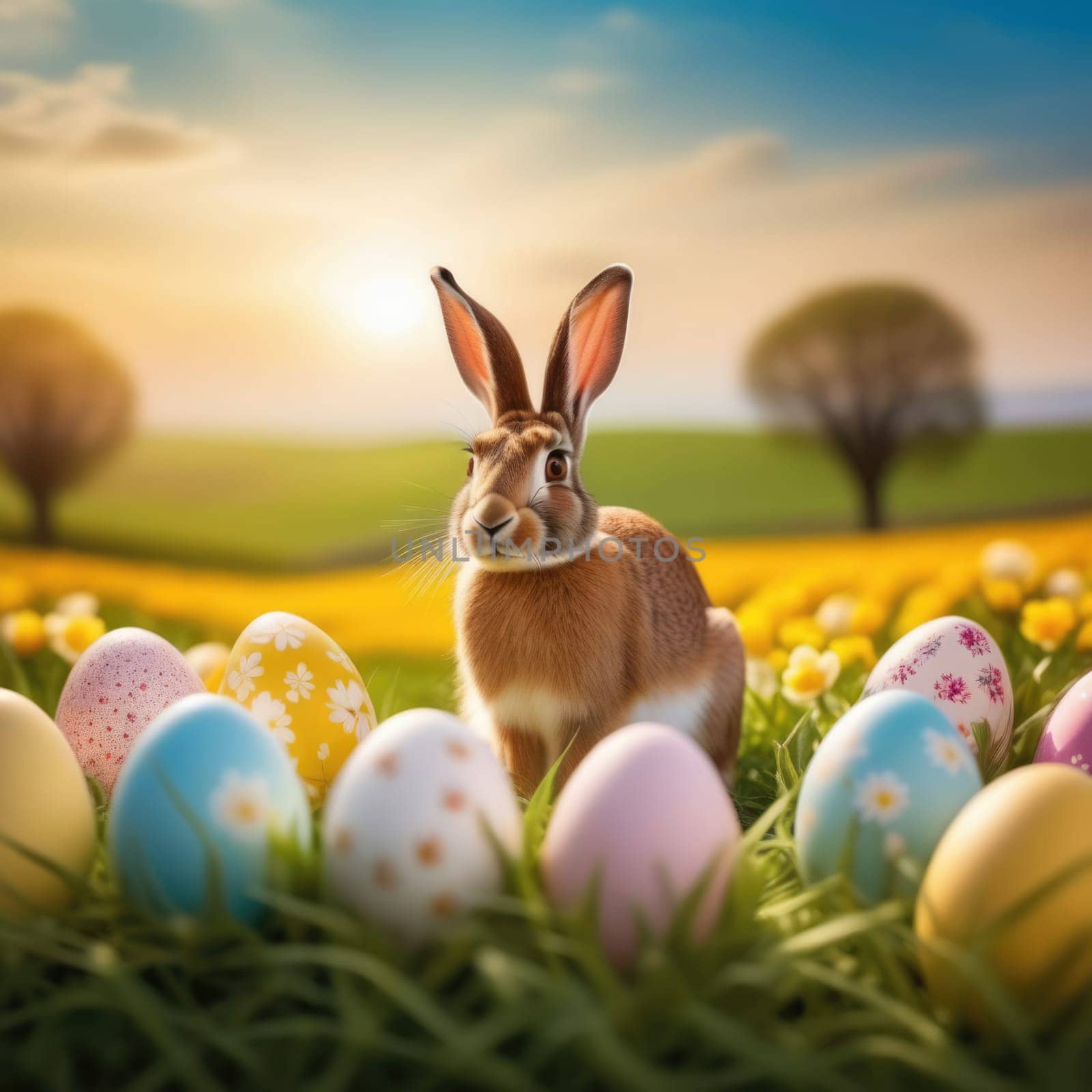 Holiday celebration banner with cute Easter bunny with decorated eggs and spring flowers on green spring meadow. Rabbit in landscape. Happy Easter greeting card, banner, festive background. Copy space