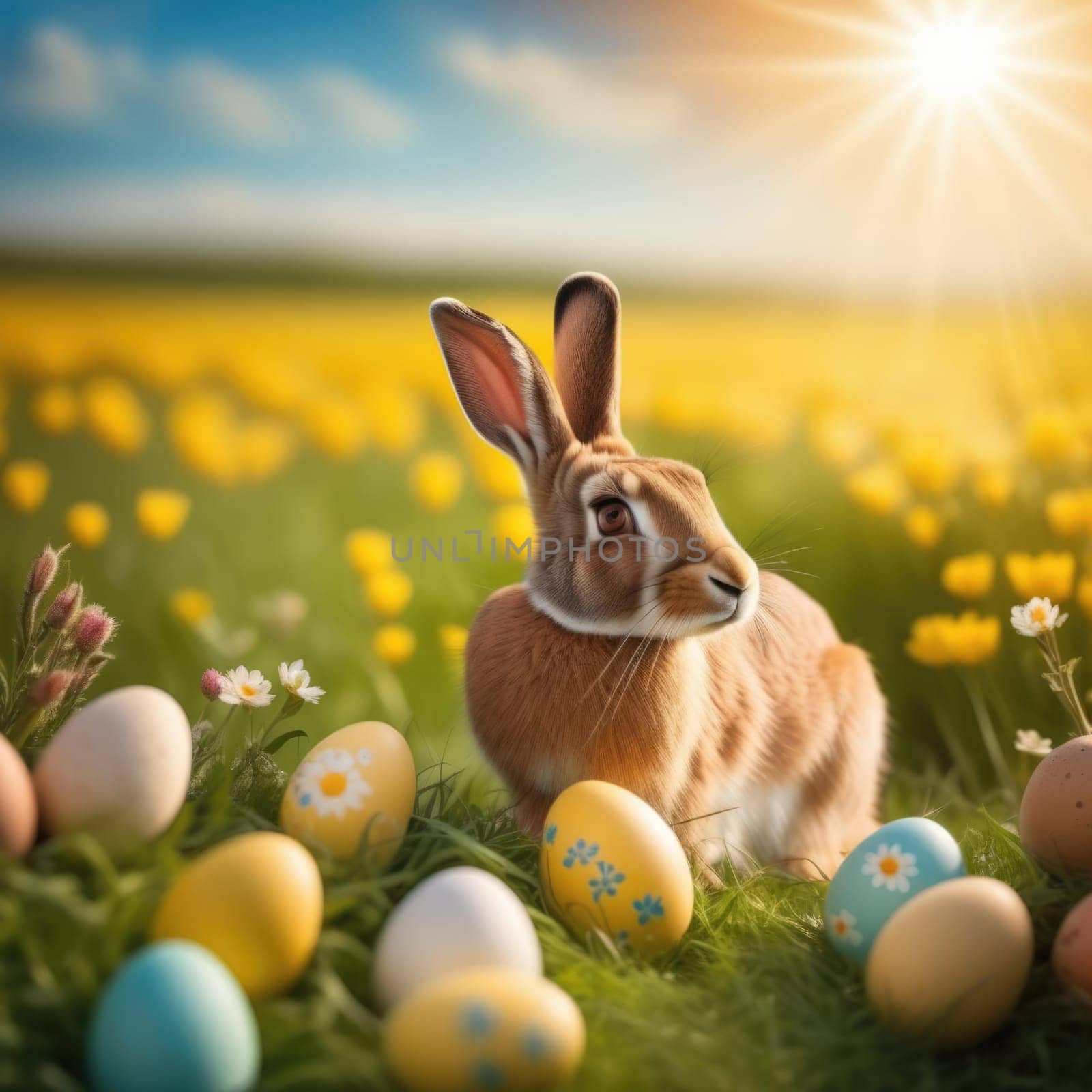 Holiday celebration banner with cute Easter bunny with decorated eggs and spring flowers on green spring meadow. Rabbit in landscape. Happy Easter greeting card, banner, festive background. Copy space