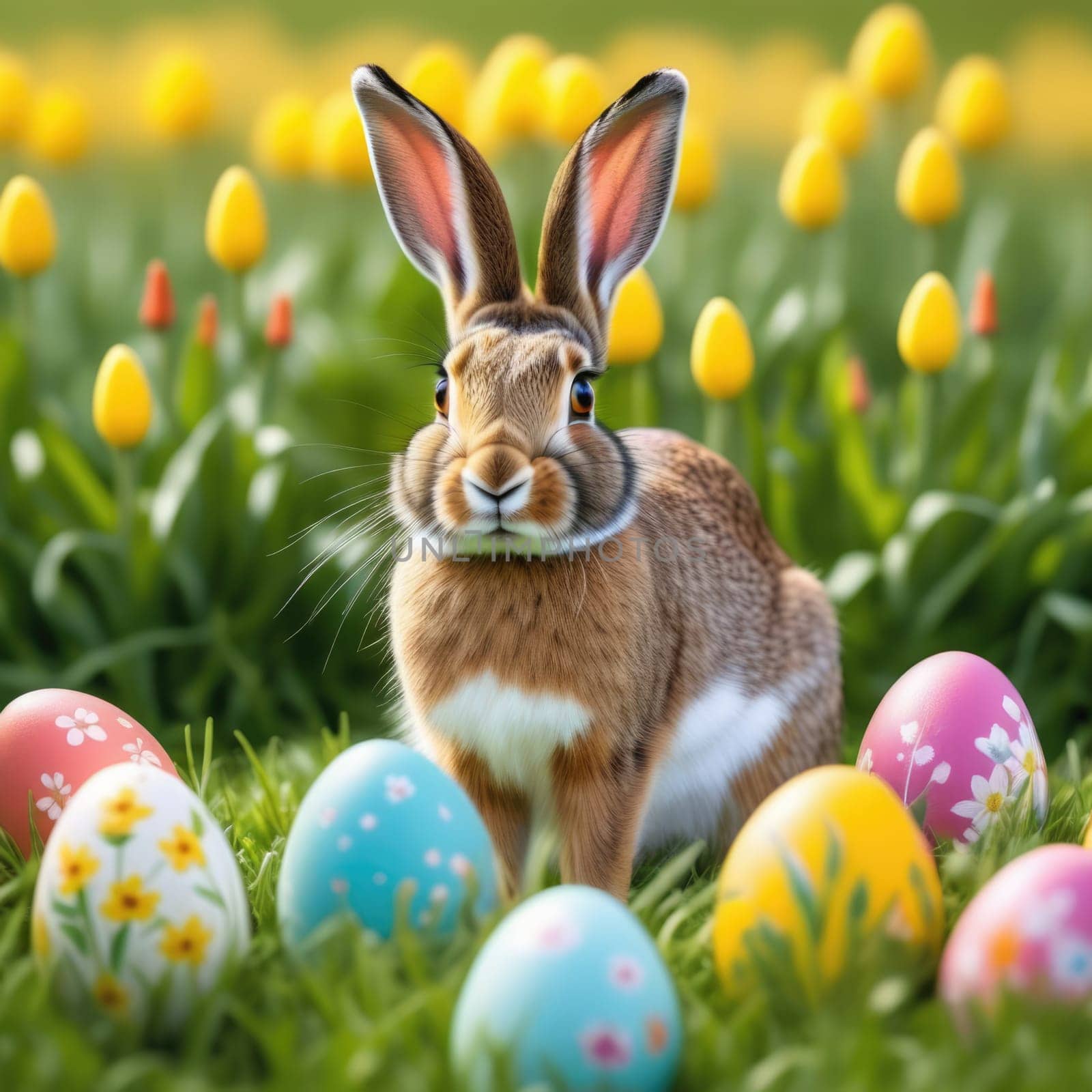 Holiday celebration banner with cute Easter bunny with decorated eggs and spring flowers on green spring meadow. Rabbit in landscape. Happy Easter greeting card, banner, festive background. Copy space
