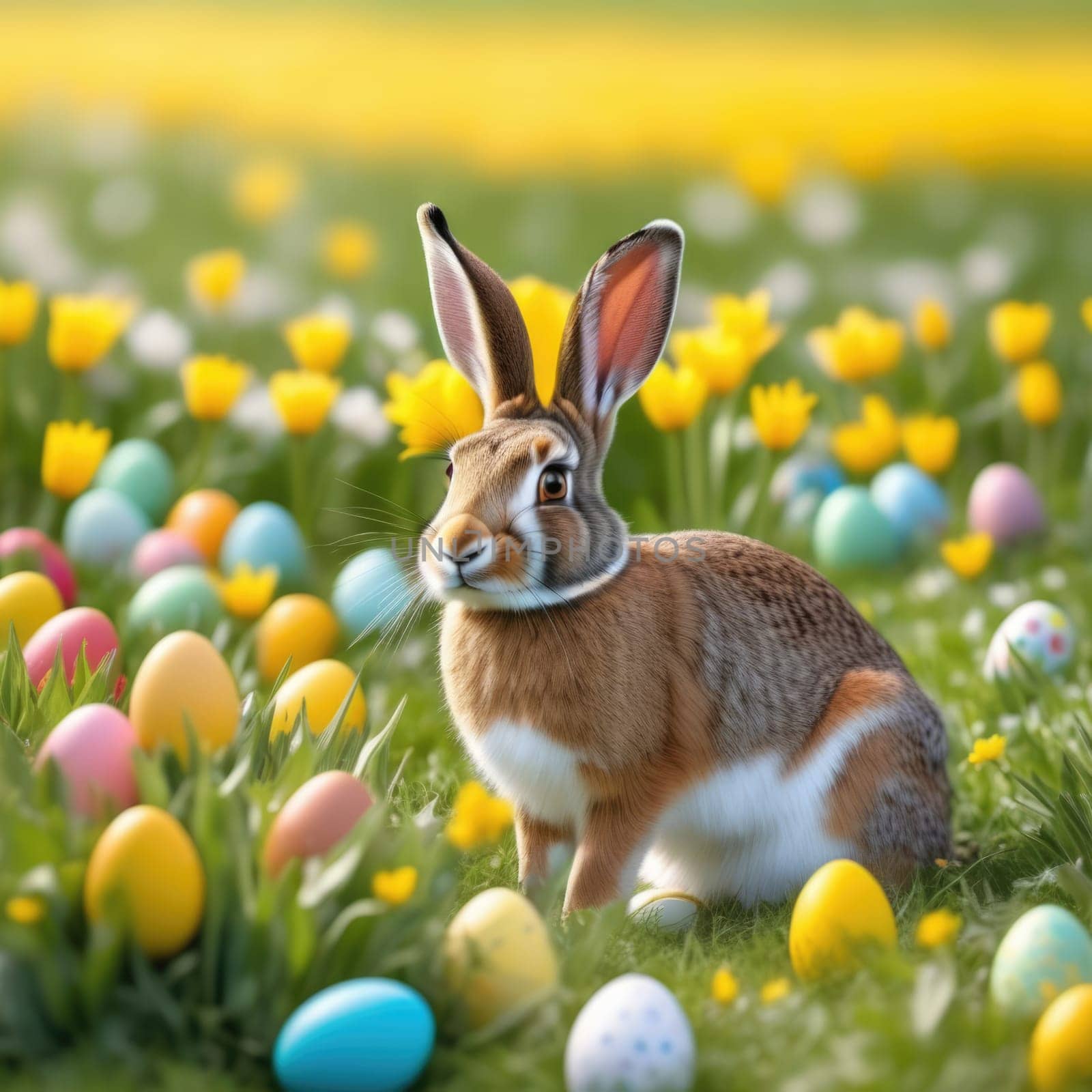 Holiday celebration banner with cute Easter bunny with decorated eggs and spring flowers on green spring meadow. Rabbit in landscape. Happy Easter greeting card, banner, festive background. Copy space