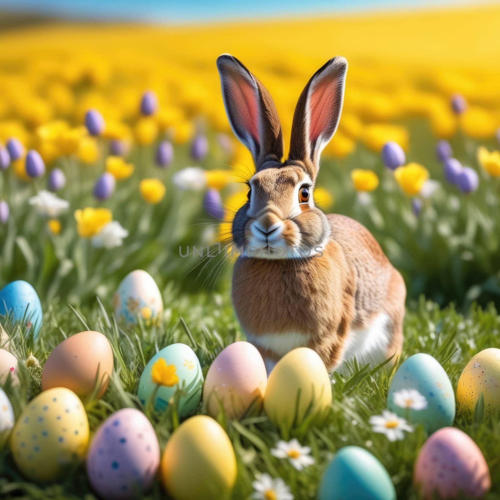 Holiday celebration banner with cute Easter bunny with decorated eggs and spring flowers on green spring meadow. Rabbit in landscape. Happy Easter greeting card, banner, festive background. Copy space