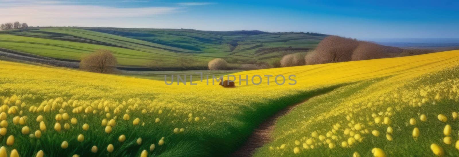 Holiday celebration banner with cute Easter bunny with decorated eggs and spring flowers on green spring meadow. Rabbit in landscape. Happy Easter greeting card, banner, festive background. Copy space