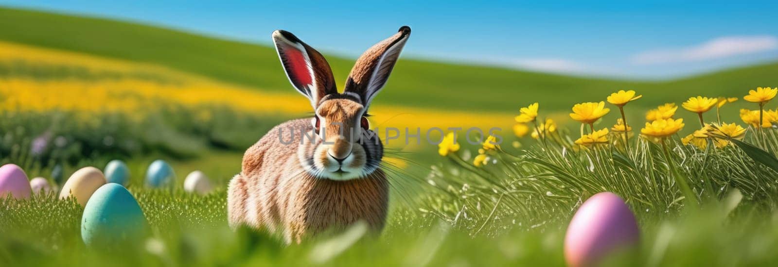 Holiday celebration banner with cute Easter bunny with decorated eggs and spring flowers on green spring meadow. Rabbit in landscape. Happy Easter greeting card, banner, festive background. Copy space