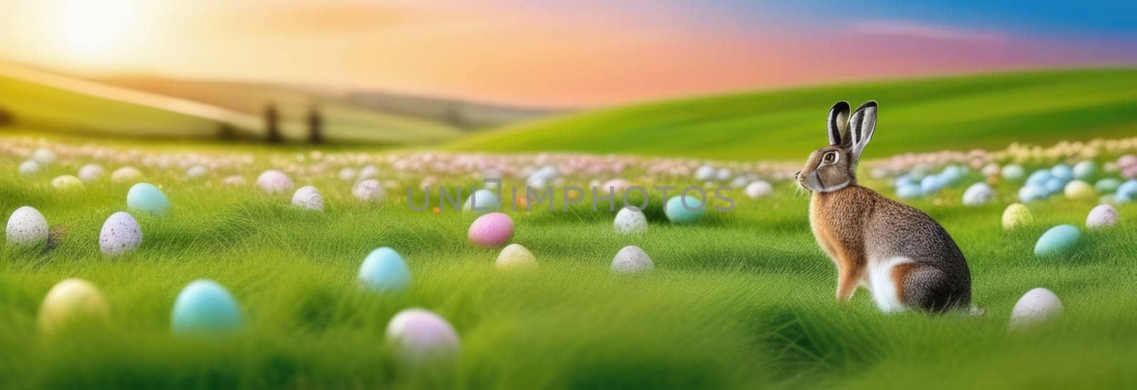 Holiday celebration banner with cute Easter bunny with decorated eggs and spring flowers on green spring meadow. Rabbit in landscape. Happy Easter greeting card, banner, festive background. Copy space