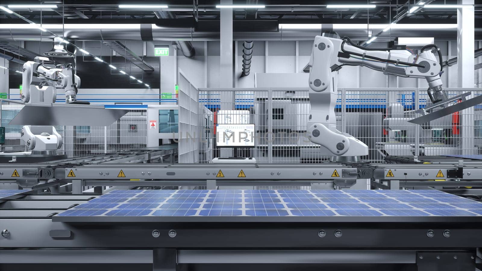 Industrial solar panel warehouse with robot arms placing photovoltaic modules on assembly lines, 3D illustration. Manufacturing facility producing PV models for energy industry