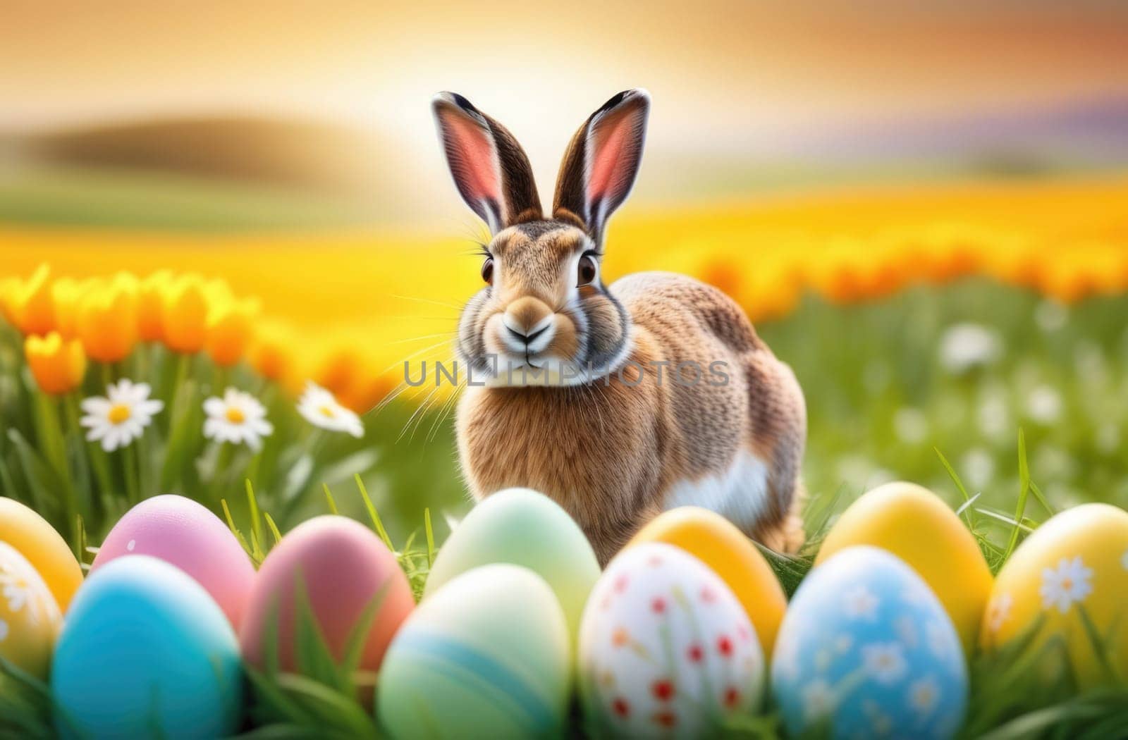 Holiday celebration banner with cute Easter bunny with decorated eggs and spring flowers on green spring meadow. Rabbit in landscape. Happy Easter greeting card, banner, festive background. Copy space