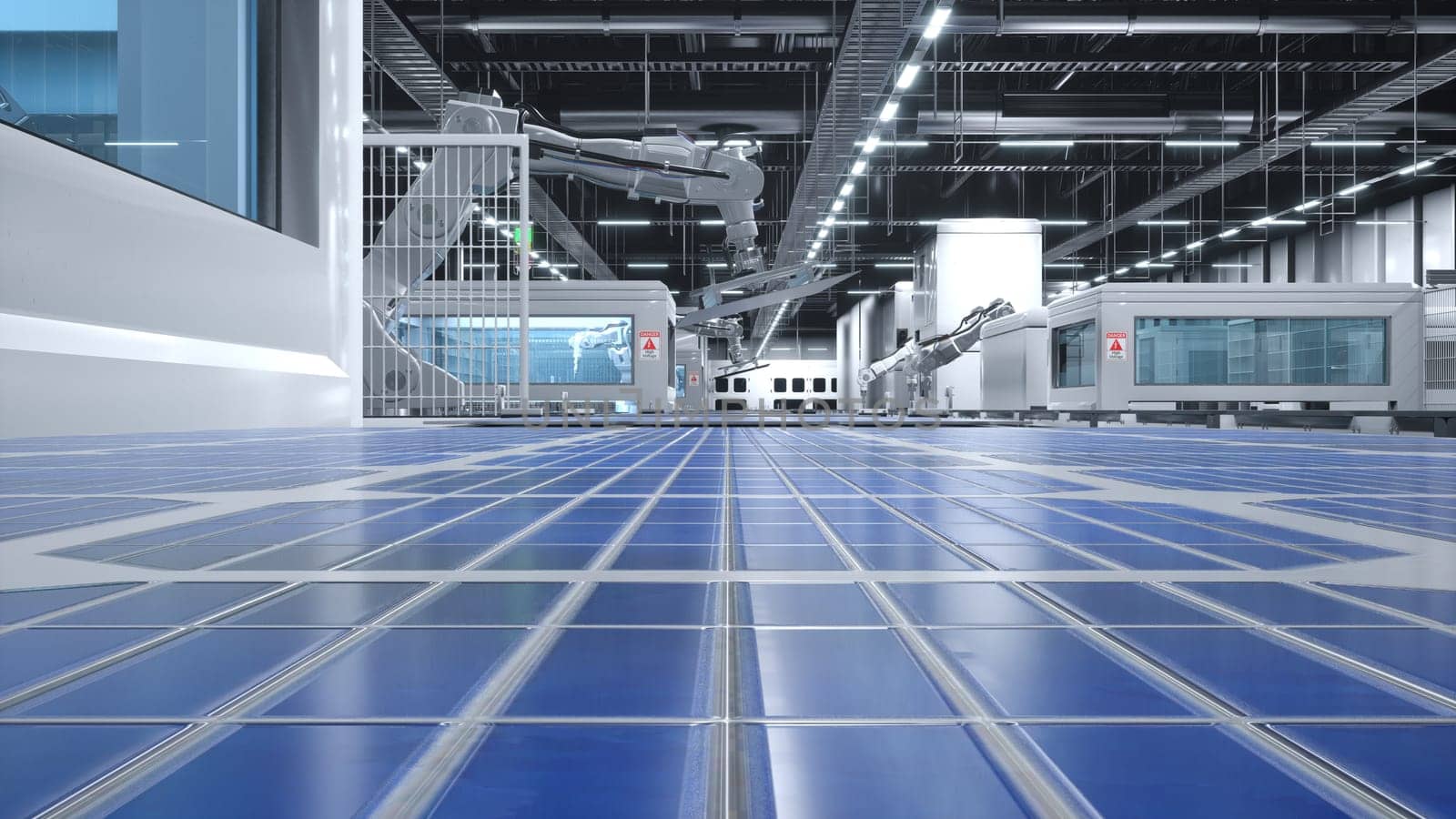 Focus on solar panels on conveyor belts with robotic arms operating in blurry background in factory, 3D illustration. PV cells being moved around facility using assembly lines, close up