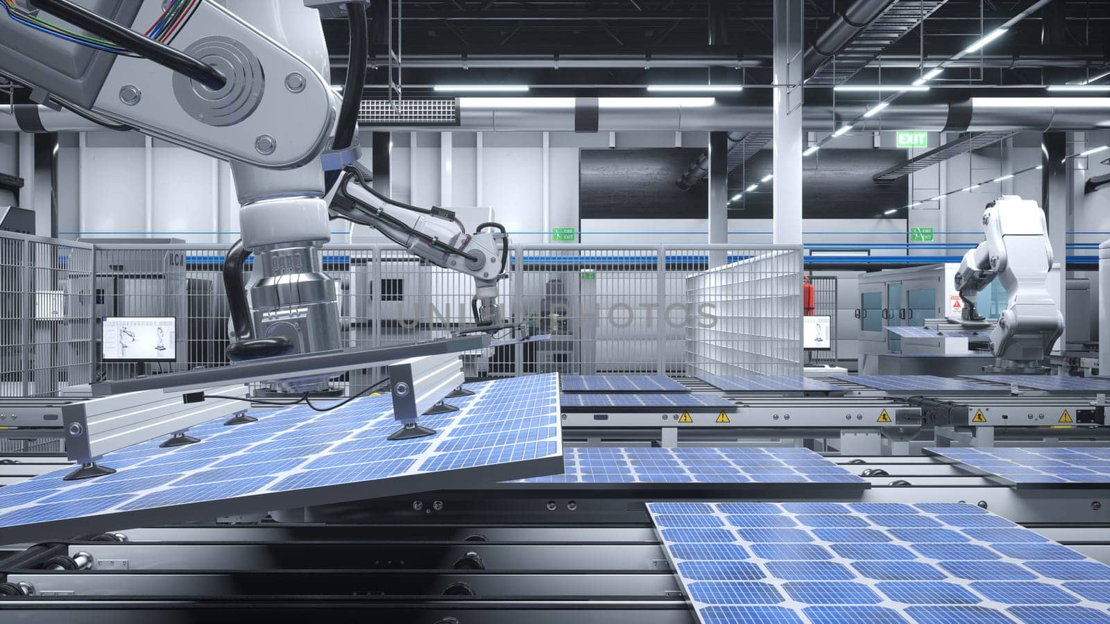 Industrial robot arms placing solar panels on large production lines in modern green energy factory. PV models being assembled on conveyor belts inside manufacturing facility, 3D render