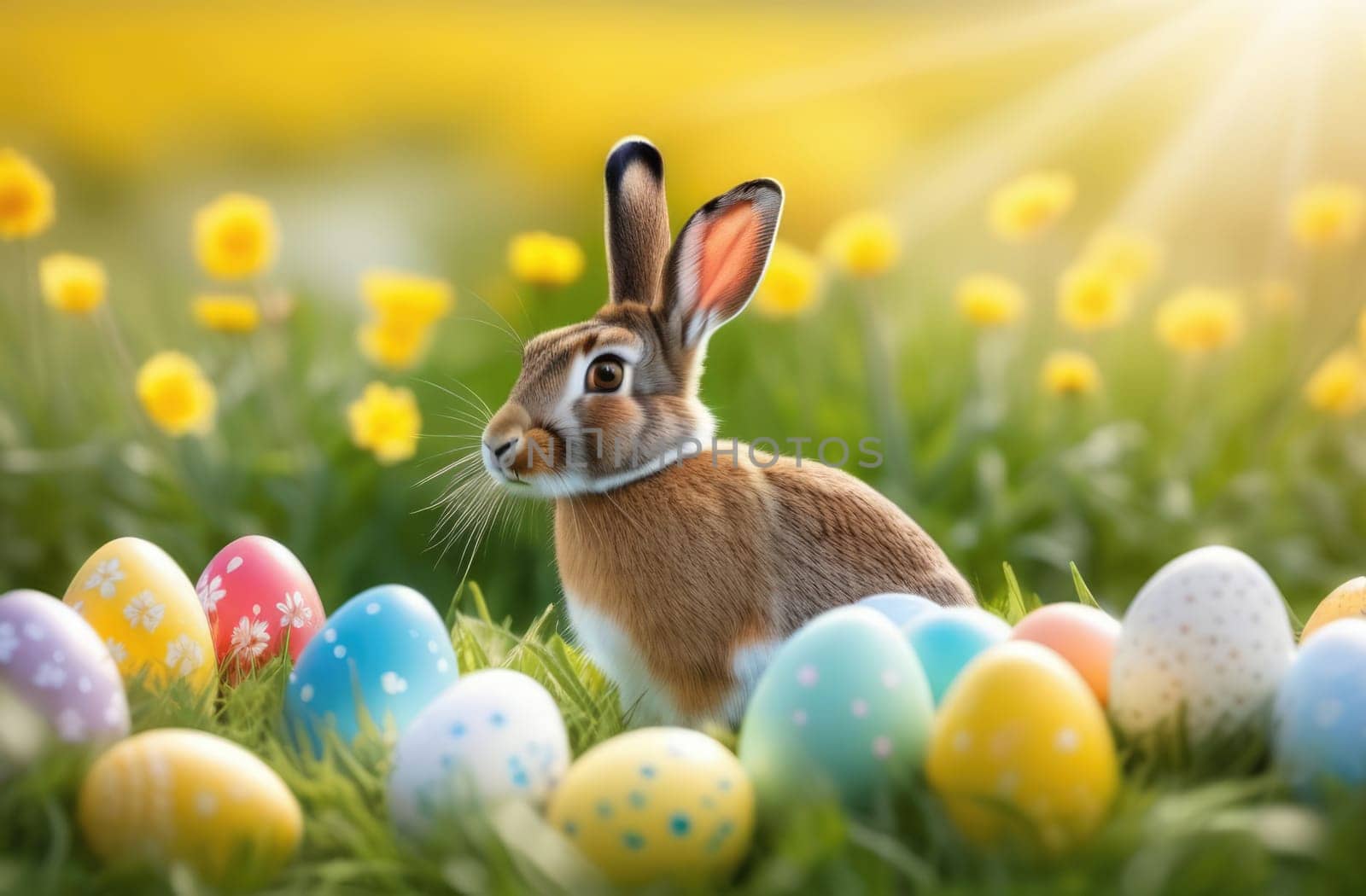 Holiday celebration banner with cute Easter bunny with decorated eggs and spring flowers on green spring meadow. Rabbit in landscape. Happy Easter greeting card, banner, festive background. Copy space