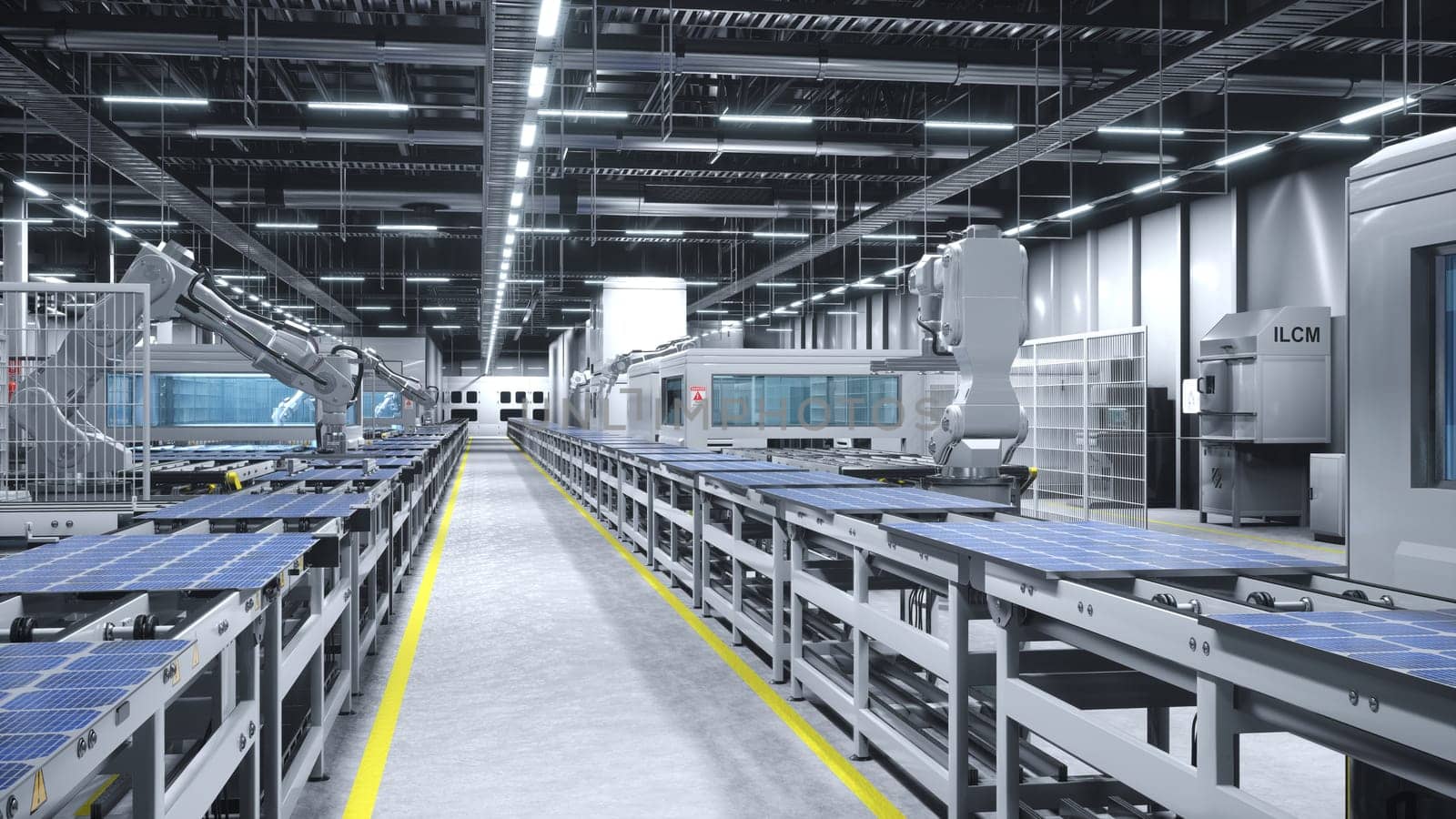 Industrial robot arms placing solar panels on large production line in modern clean factory. Photovoltaics being assembled on conveyor belts inside manufacturing warehouse, 3D render