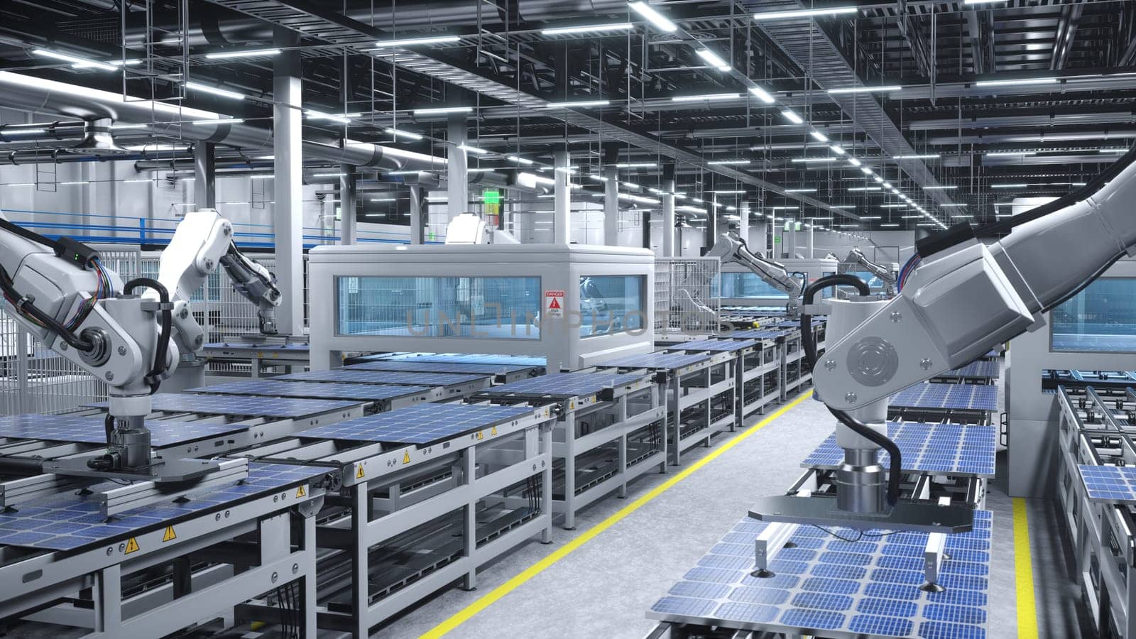 Automatized robotic arms in cutting edge solar panel warehouse handling photovoltaic modules on conveyor belts. Company manufacturing solar cells in green energy facility, 3D illustration