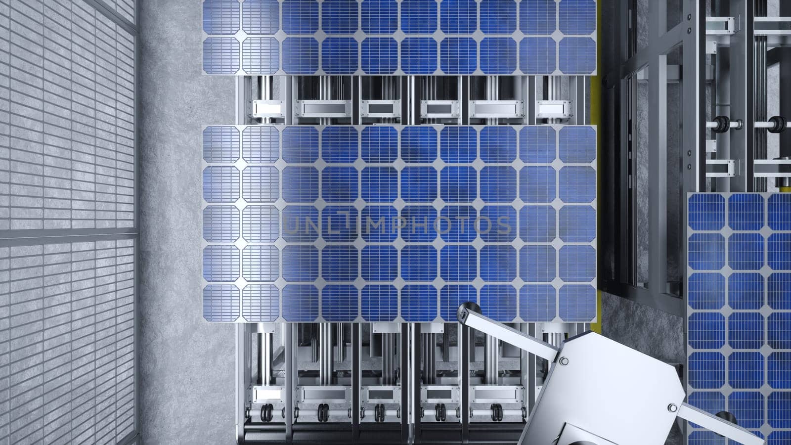 POV of robotic arms moving solar panels on conveyor belts during high tech production process in clean energy factory, 3D render. Machinery unit placing PV cells on assembly lines