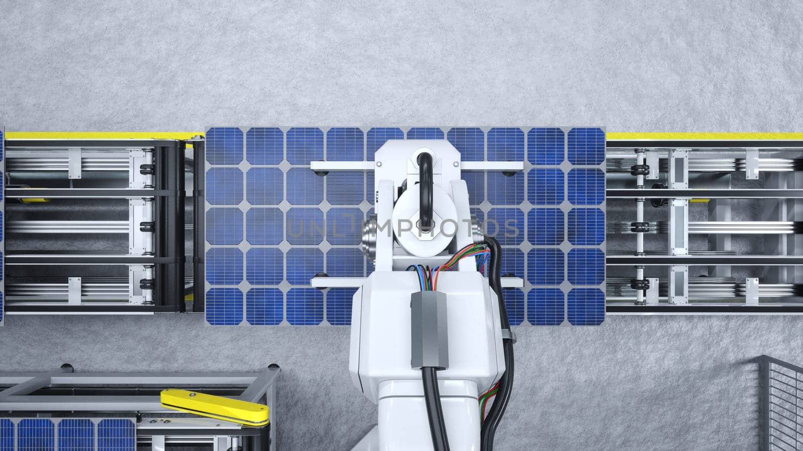 POV of robotic arms moving solar panels on conveyor belts during high tech production process in clean energy factory, 3D illustration. Heavy machinery unit placing PV cells on assembly lines