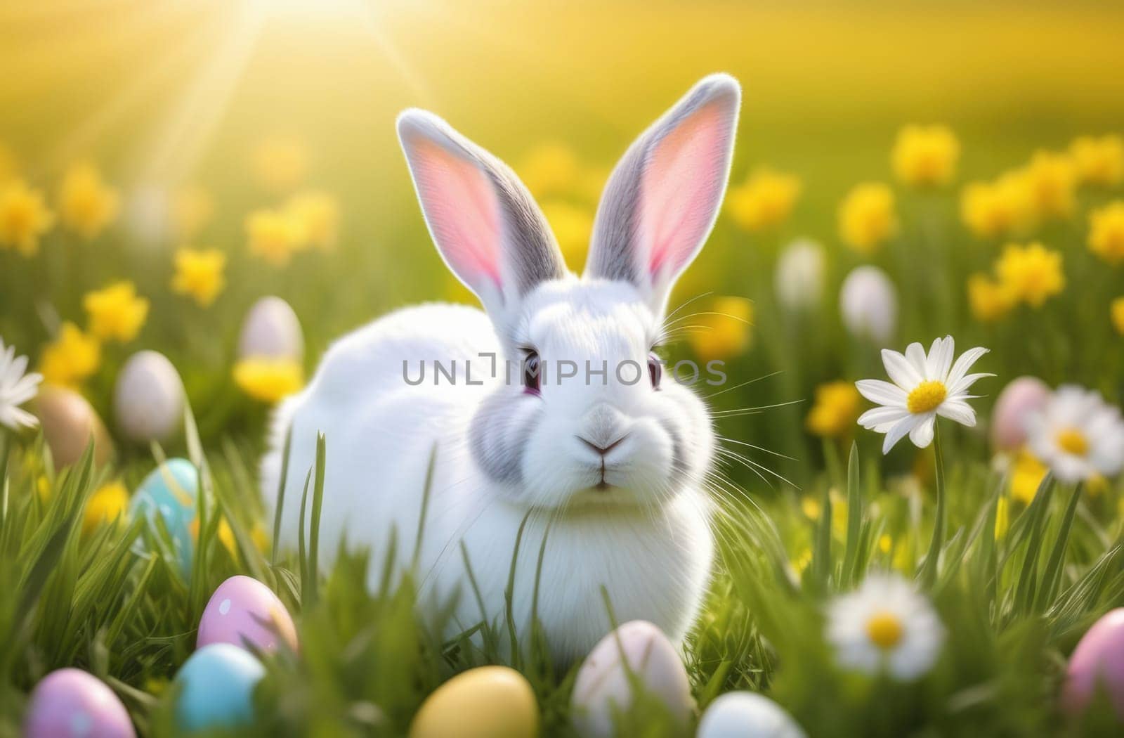 Holiday celebration banner with cute Easter bunny with decorated eggs and spring flowers on green spring meadow. Rabbit in landscape. Happy Easter greeting card, banner, festive background. Copy space