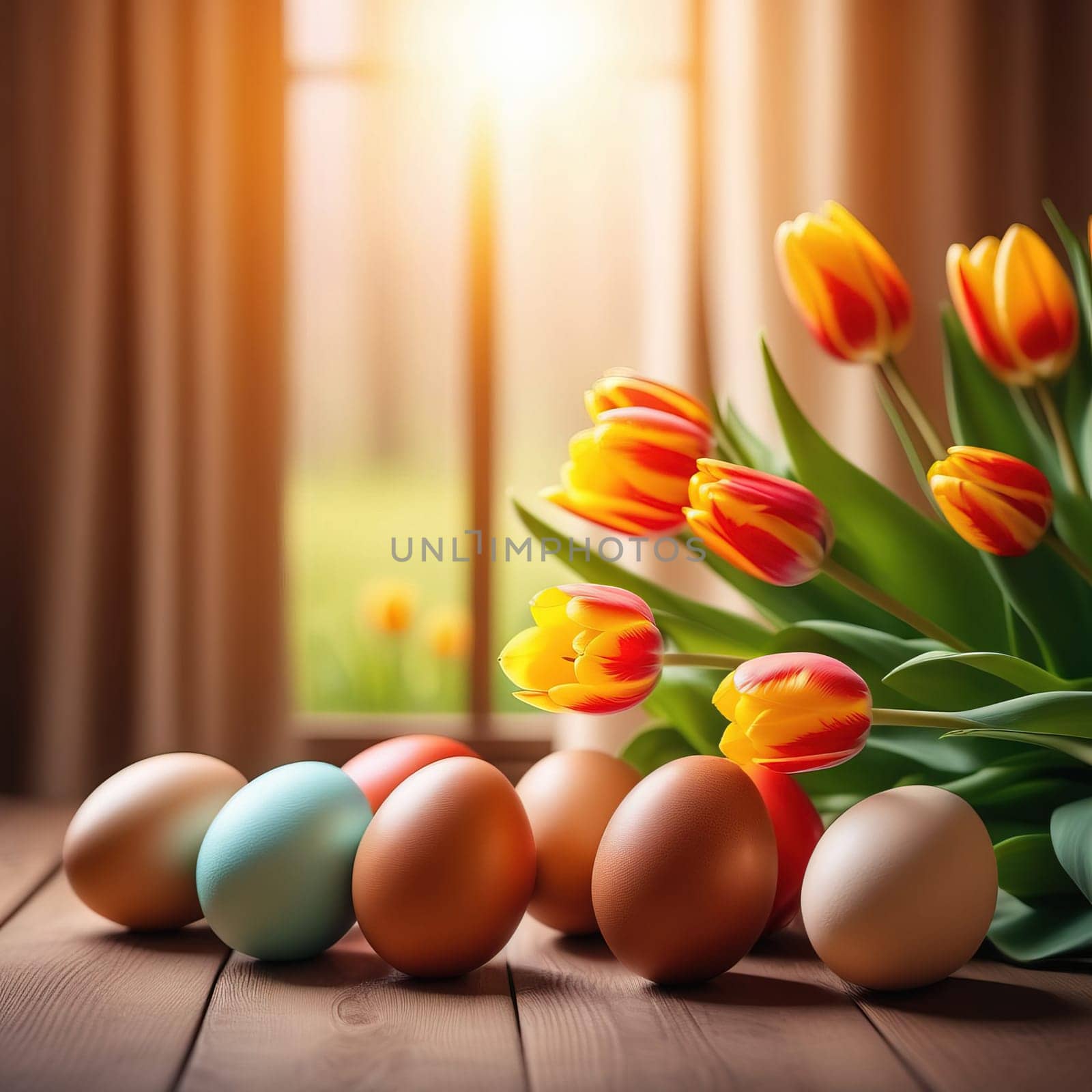Table with vase of tulips, colorful Easter eggs. Eggs and vase of tulips on kitchen table near window. Happy Easter greeting card, banner, festive background. Blurred background. Copy space