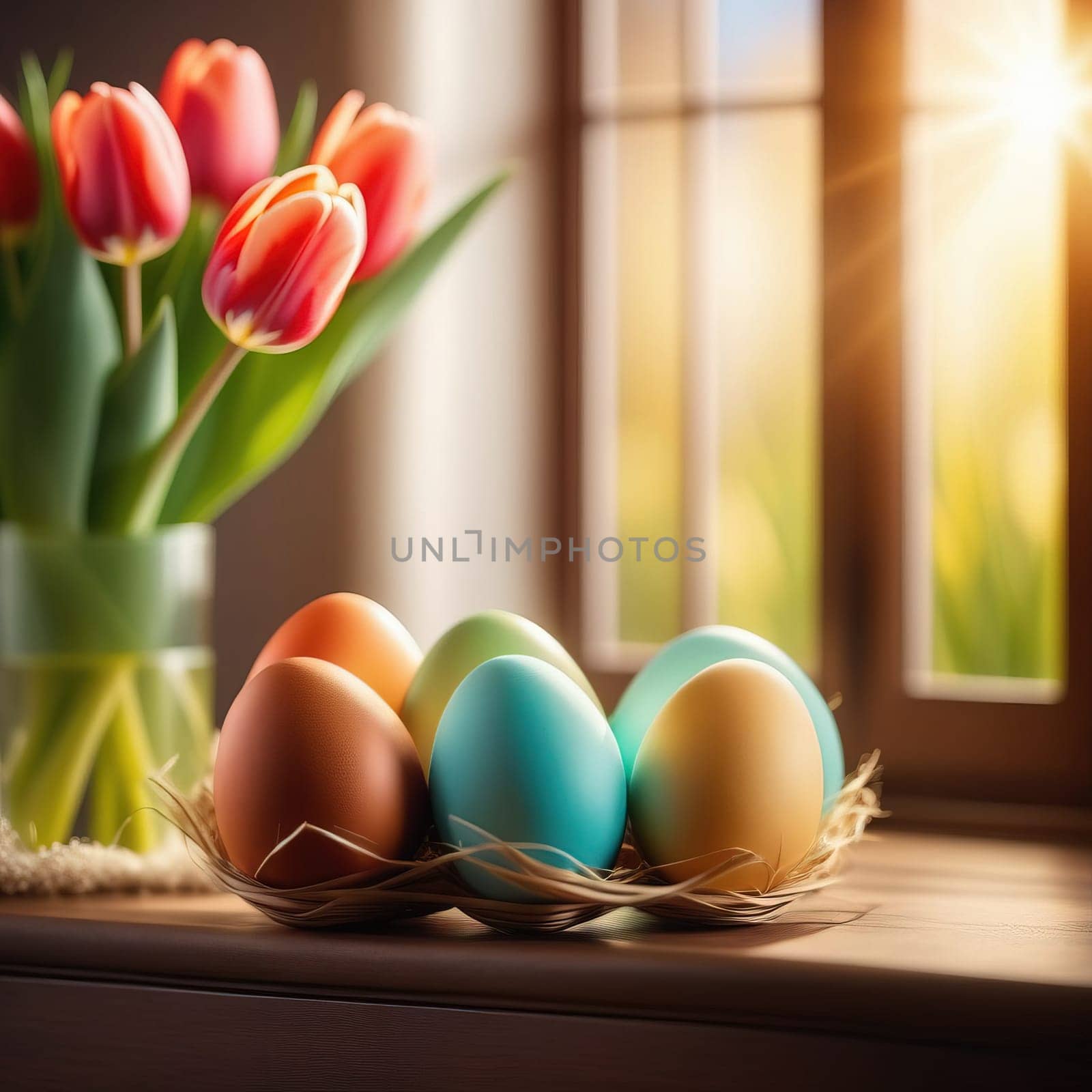 Table with vase of tulips, colorful Easter eggs. Basket of eggs and vase of tulips on kitchen table near window. Happy Easter greeting card, banner, festive background. Blurred background. Copy space