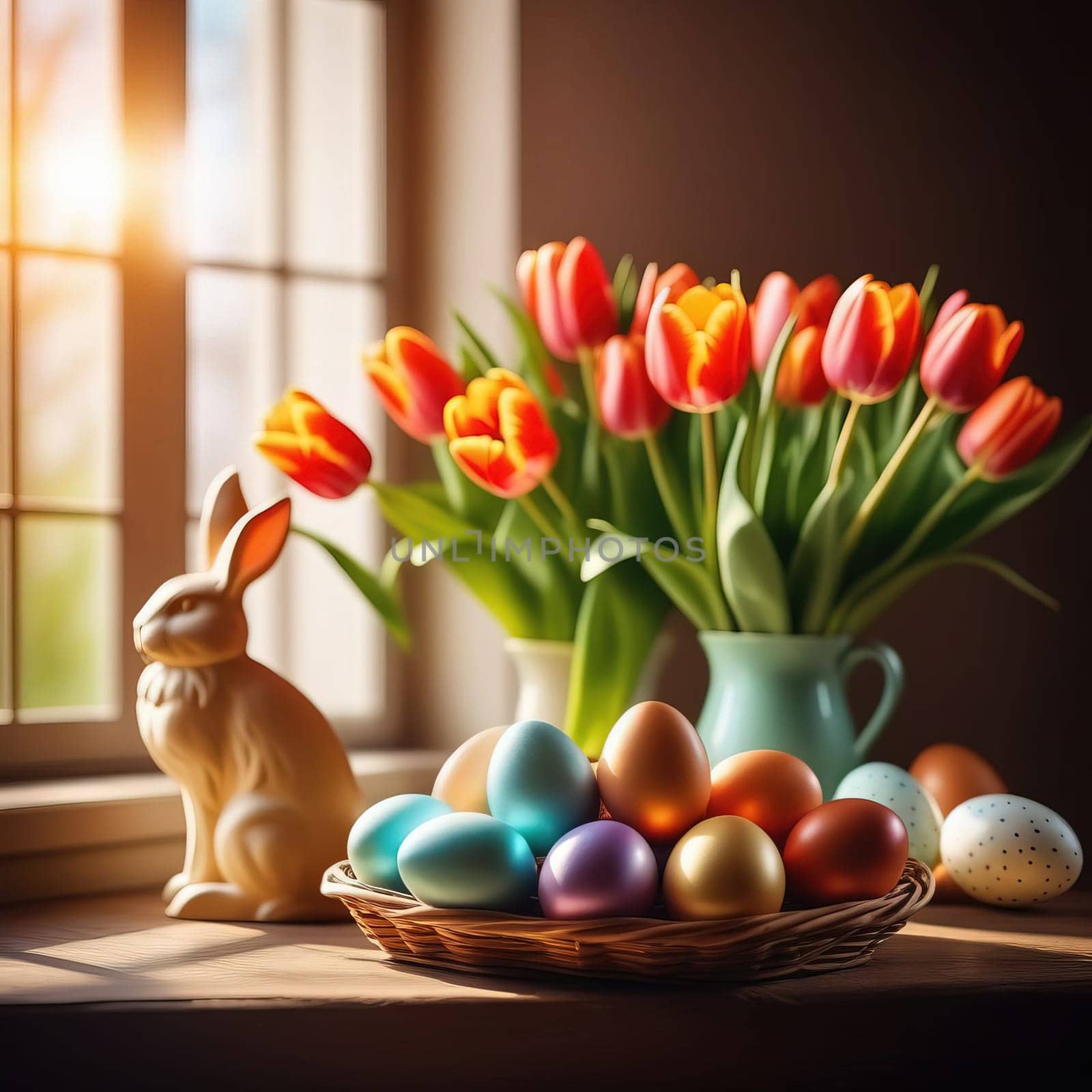 Table with vase of tulips, colorful Easter eggs. Basket of eggs and vase of tulips on kitchen table near window. Happy Easter greeting card, banner, festive background. Blurred background. Copy space