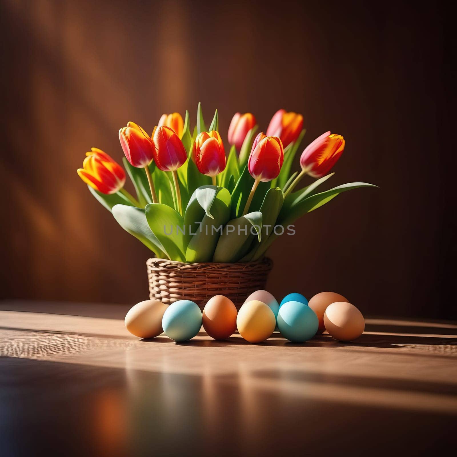 Table with vase of tulips, colorful Easter eggs. Eggs and vase of tulips on kitchen table near window. Happy Easter greeting card, banner, festive background. Blurred background. Copy space