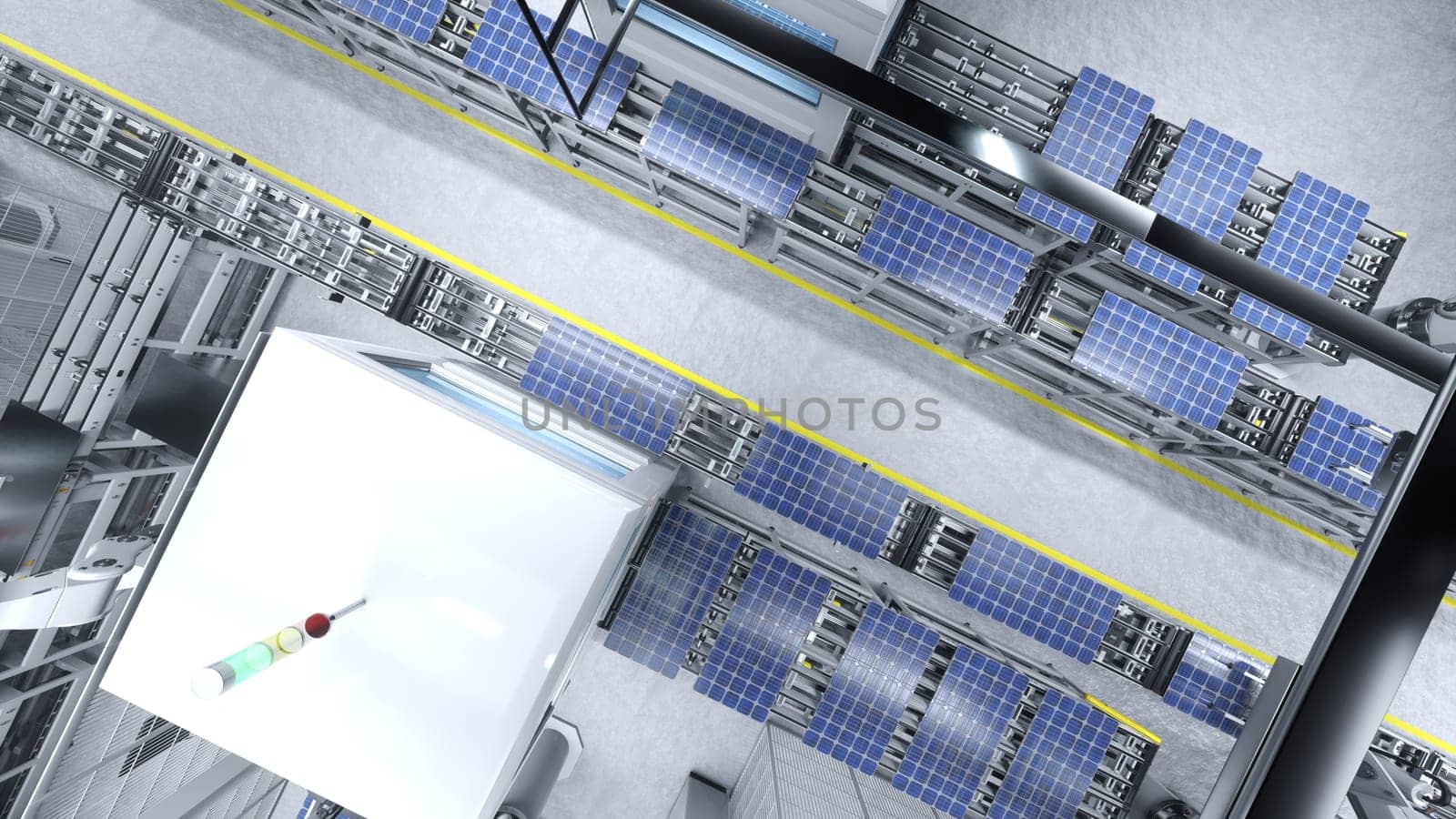 Aerial shot of photovoltaics in eco friendly warehouse, 3D illustration by DCStudio