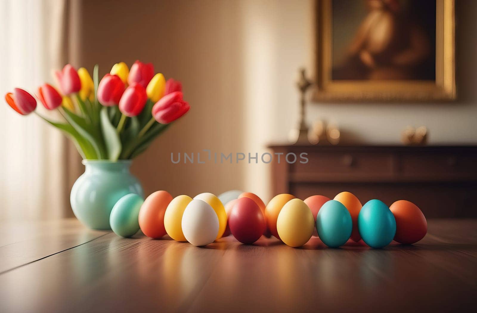 Table with vase of tulips, colorful Easter eggs. Eggs and vase of tulips on kitchen table near window. Happy Easter greeting card, banner, festive background. Blurred background. Copy space