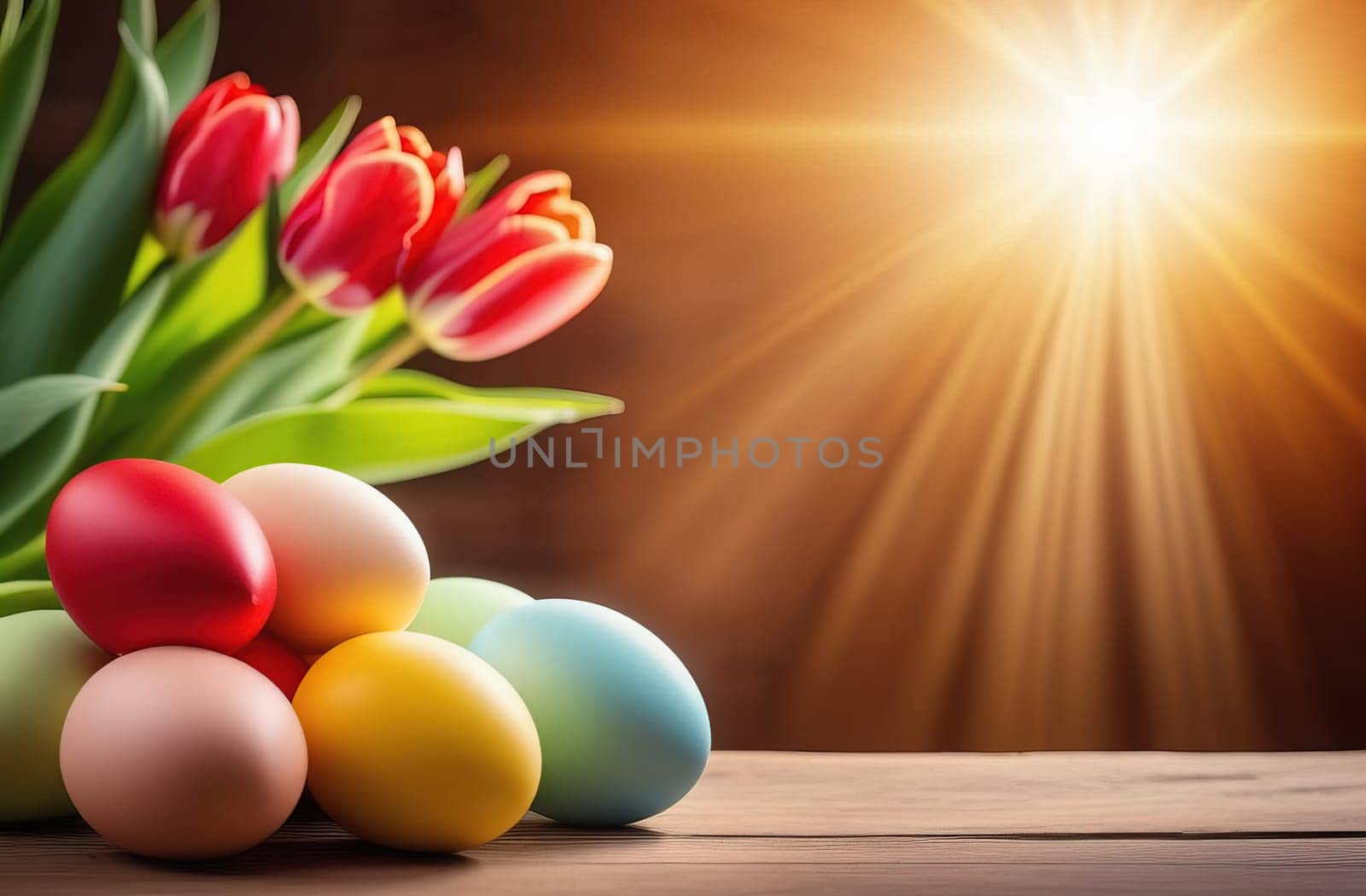 Table with vase of tulips, colorful Easter eggs. Eggs and vase of tulips on kitchen table near window. Happy Easter greeting card, banner, festive background. Blurred background. Copy space