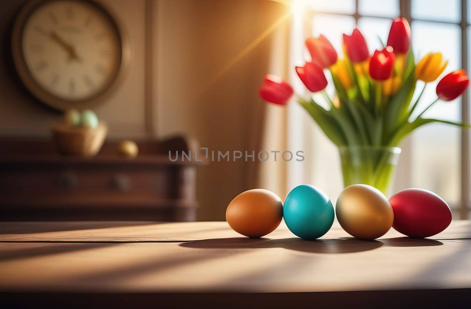 Table with vase of tulips, colorful Easter eggs. Eggs and vase of tulips on kitchen table near window. Happy Easter greeting card, banner, festive background. Blurred background. Copy space