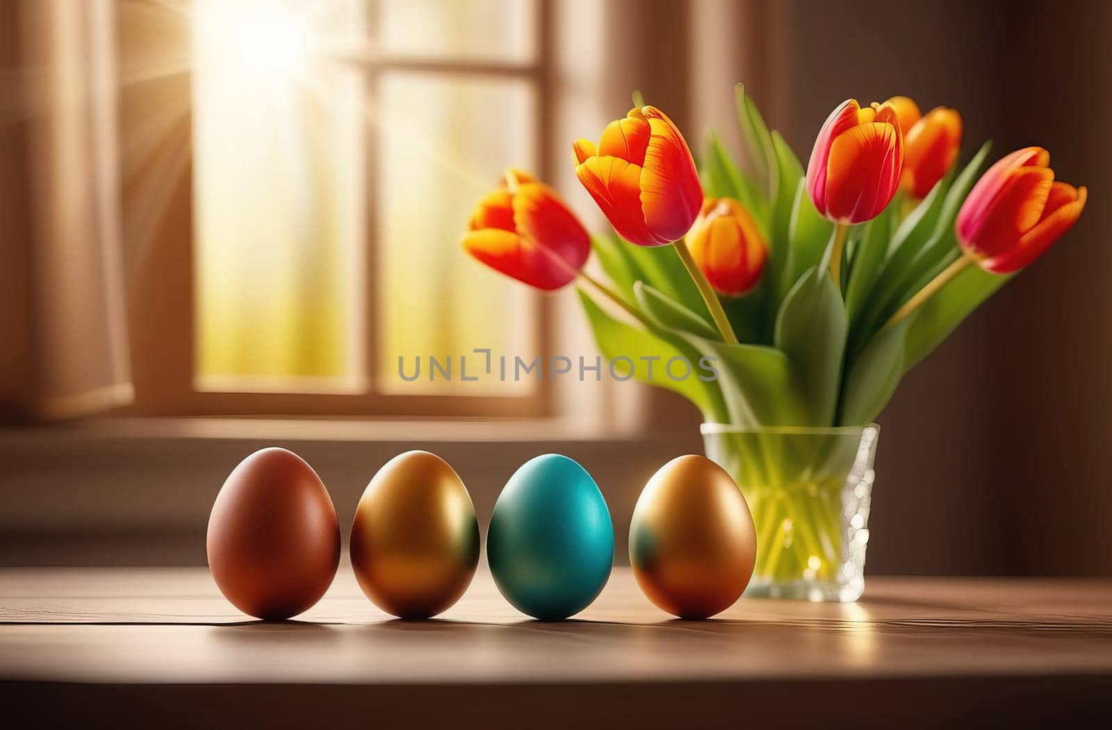 Table with vase of tulips, colorful Easter eggs. Eggs and vase of tulips on kitchen table near window. Happy Easter greeting card, banner, festive background. Blurred background. Copy space