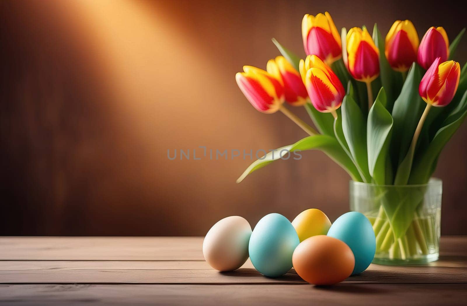 Table with vase of tulips, colorful Easter eggs. Eggs and vase of tulips on kitchen table near window. Happy Easter greeting card, banner, festive background. Blurred background. Copy space