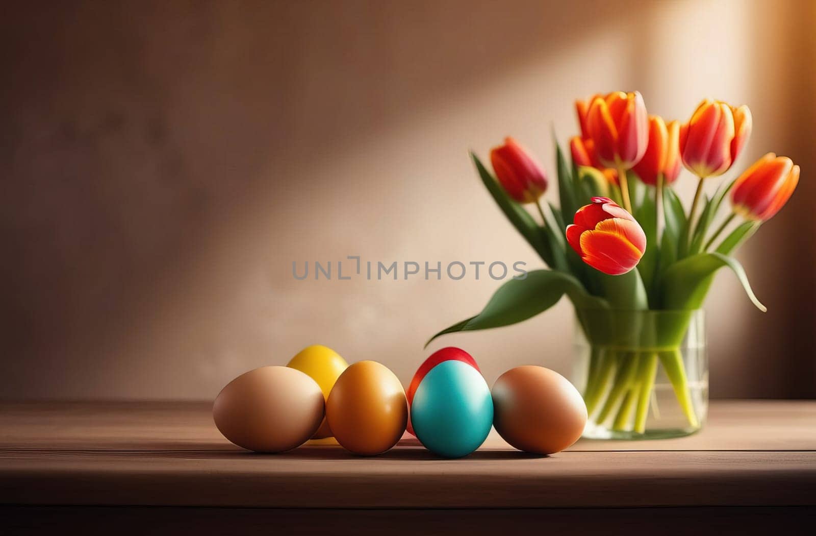 Table with vase of tulips, colorful Easter eggs. Eggs and vase of tulips on kitchen table near window. Happy Easter greeting card, banner, festive background. Blurred background. Copy space