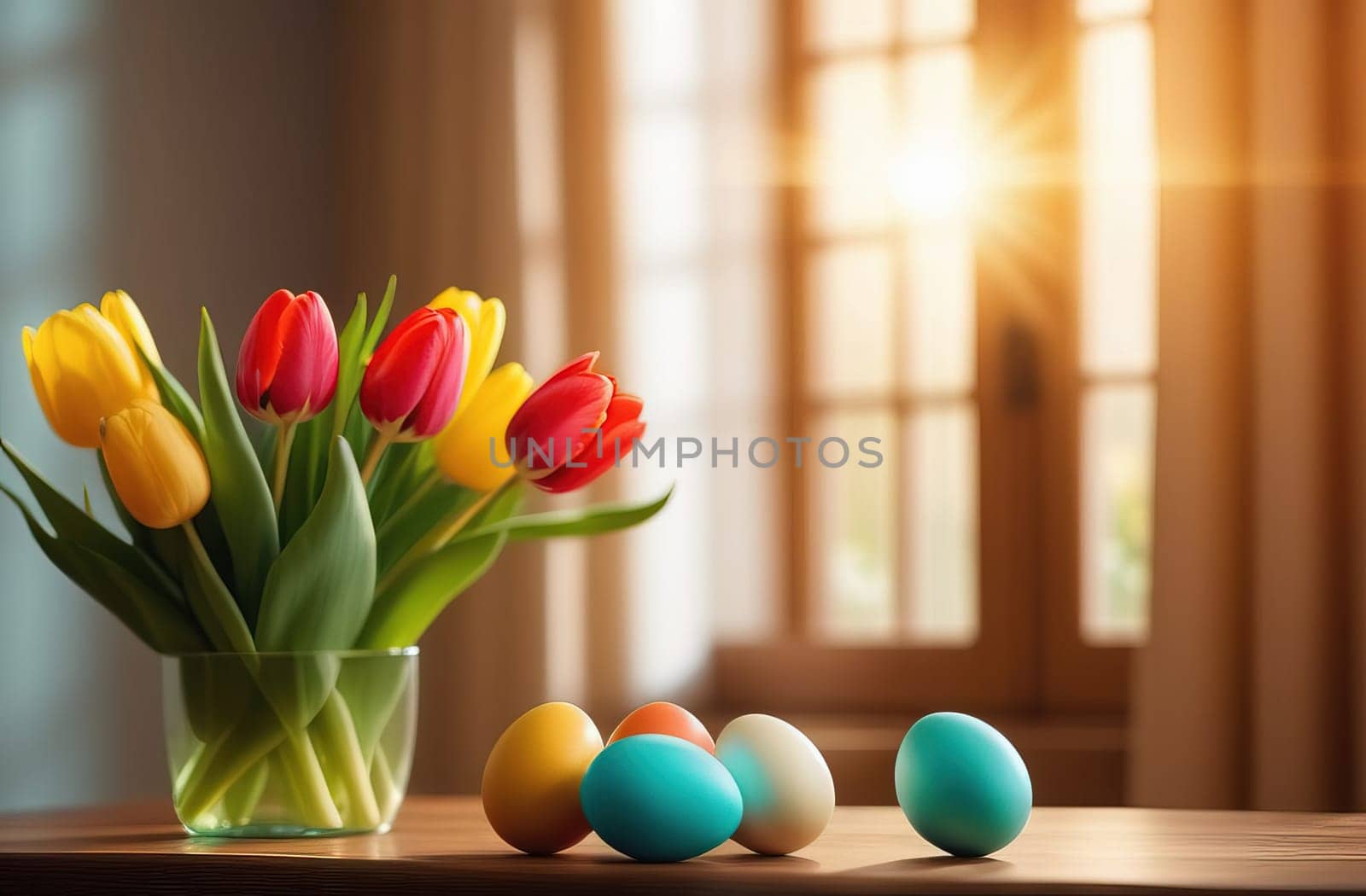 Table with vase of tulips, colorful Easter eggs. Eggs and vase of tulips on kitchen table near window. Happy Easter greeting card, banner, festive background. Blurred background. Copy space