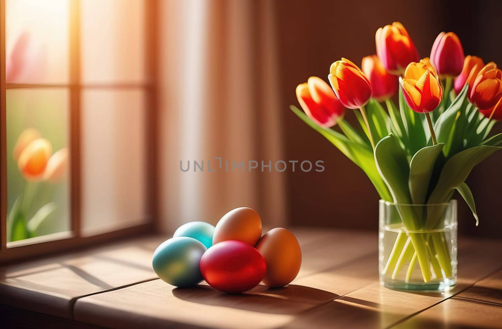 Table with vase of tulips, colorful Easter eggs. Eggs and vase of tulips on kitchen table near window. Happy Easter greeting card, banner, festive background. Blurred background. Copy space
